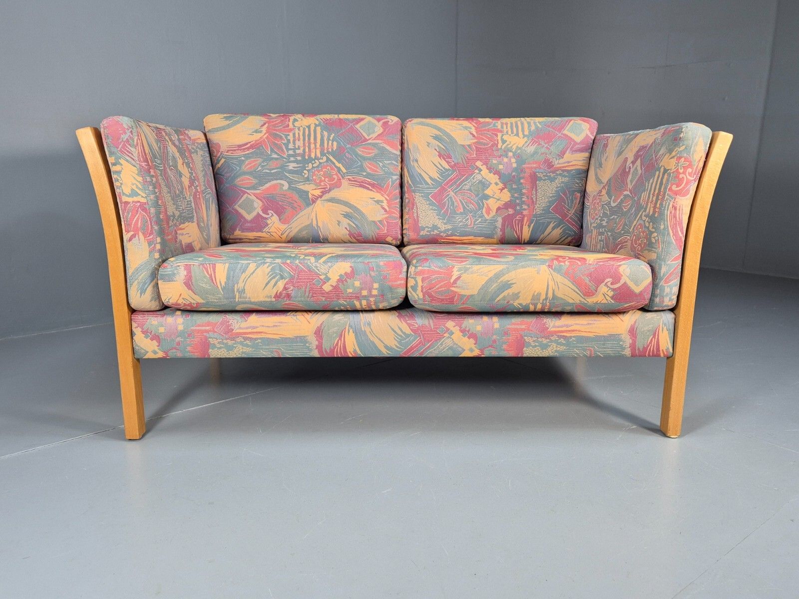 Vintage Danish 2 Seat Sofa Floral Cotton Print Stouby Beech Ends Eb9097 M2ss photo Furniture