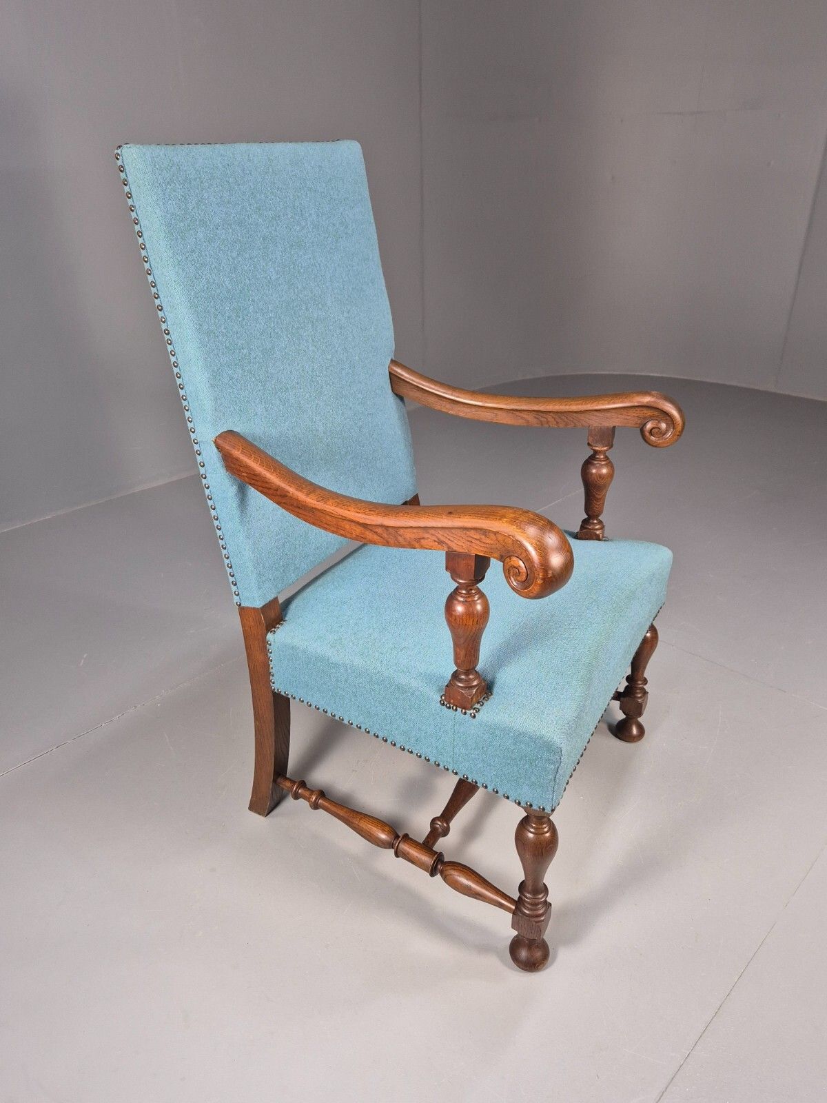Furniture Vintage Danish Armchair Blue Carved Oak 17th Century Antique Style Eb8986 Vcar photo