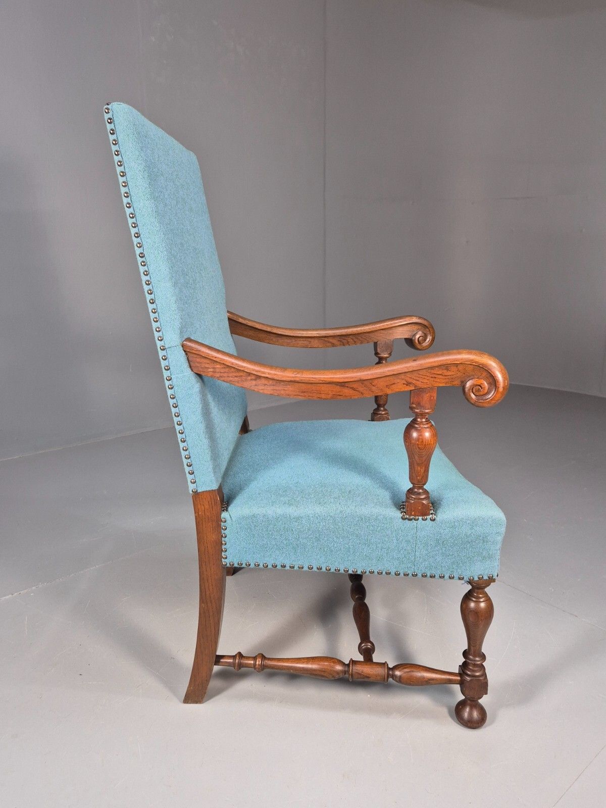 photo buy Vintage Danish Armchair Blue Carved Oak 17th Century Antique Style Eb8986 Vcar