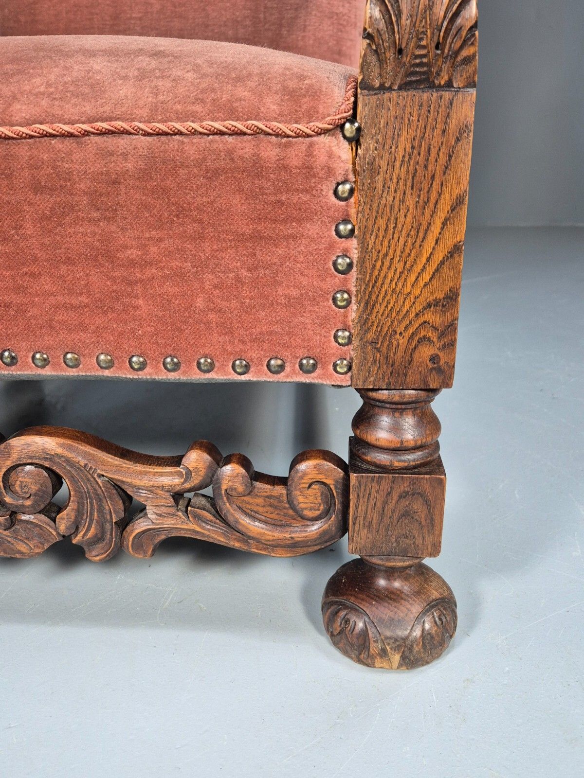 Vintage Danish Lounge Chair Pink Peach Velour Oak 17th Century Style Eb8970 Vclo photo vinterior