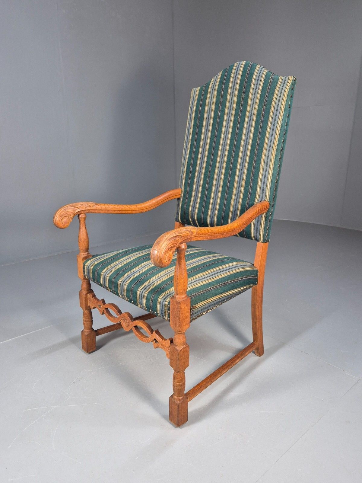 A Vintage Danish Baroque Style Armchair Green Wool Stripe Oak Frame Eb9002 Vclo