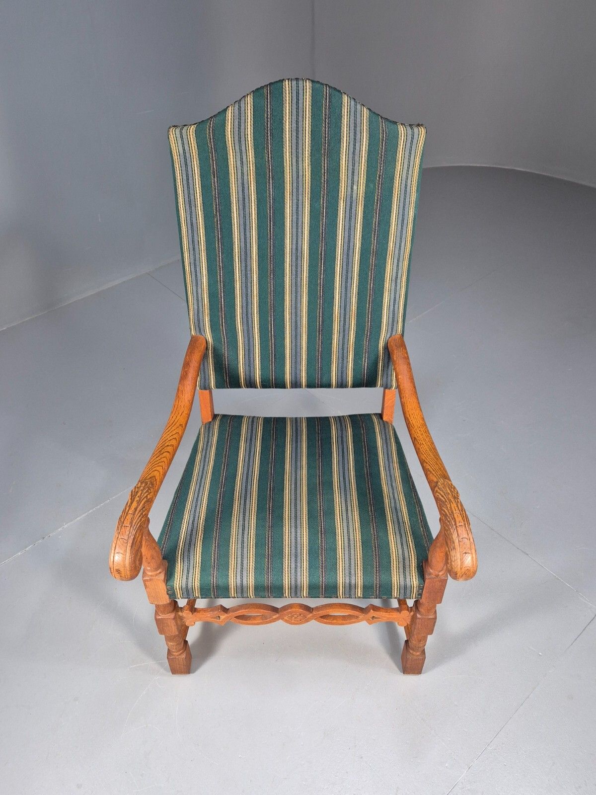A Vintage Danish Baroque Style Armchair Green Wool Stripe Oak Frame Eb9002 Vclo photo for sale