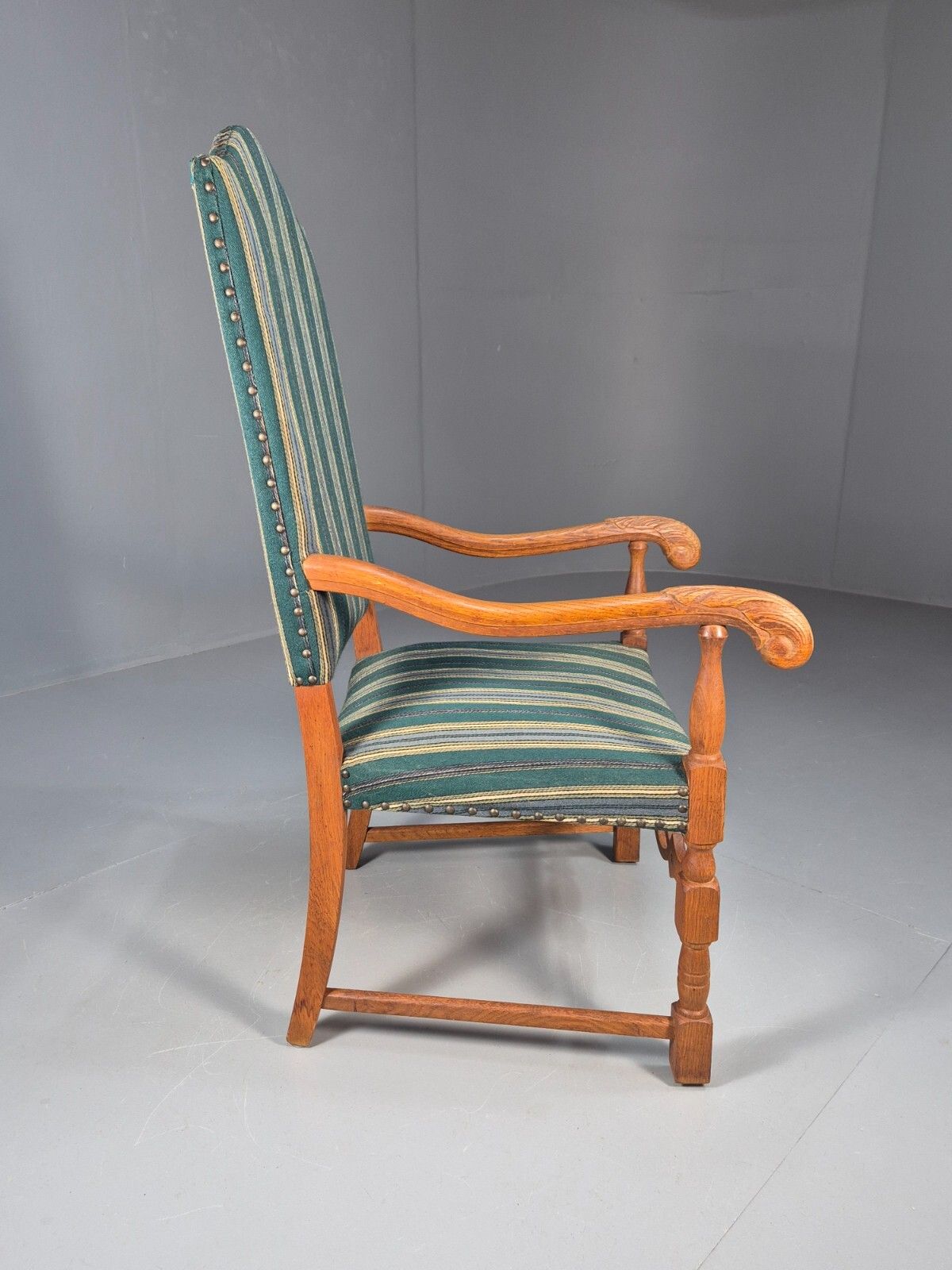 photo furniture A Vintage Danish Baroque Style Armchair Green Wool Stripe Oak Frame Eb9002 Vclo