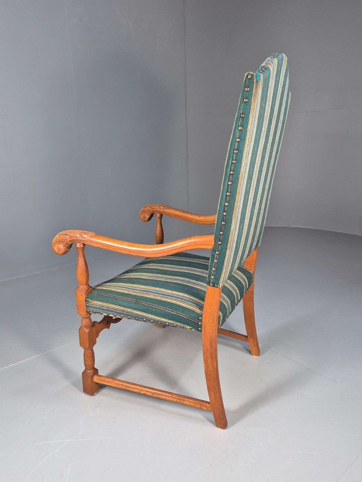 photo vintage A Vintage Danish Baroque Style Armchair Green Wool Stripe Oak Frame Eb9002 Vclo