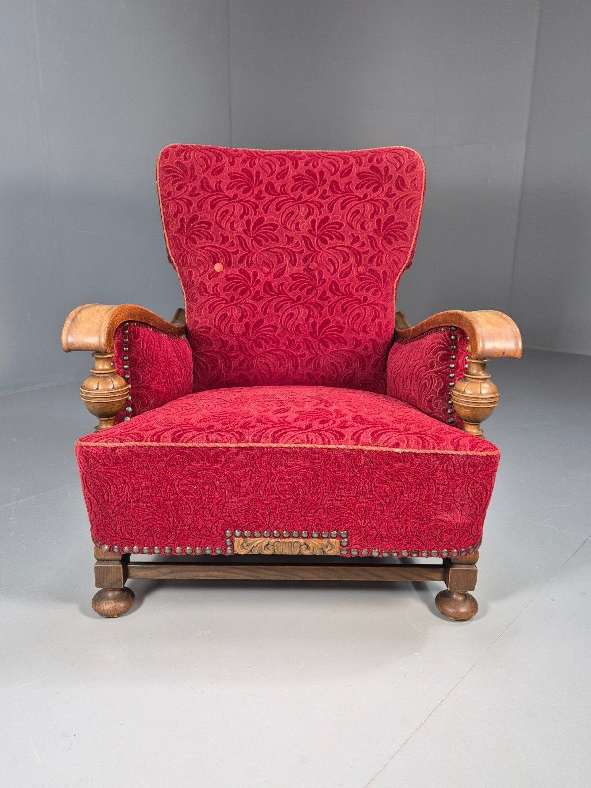 Vintage Danish Lounge Chair Red Moquette Oak Frame 1940s Retro  Eb8937 Vclo photo for sale