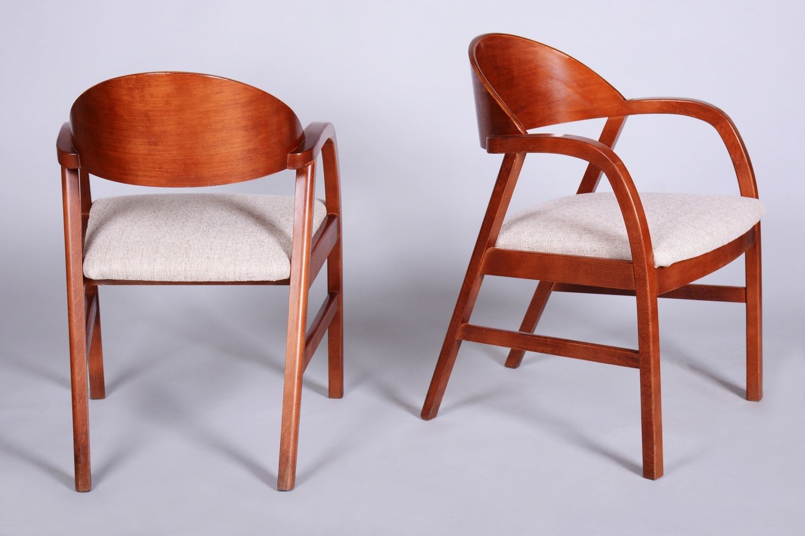Pair Of Restored Mid Century Armchairs, Reupholstered, Cherry Wood, Czech, 1970s photo for sale