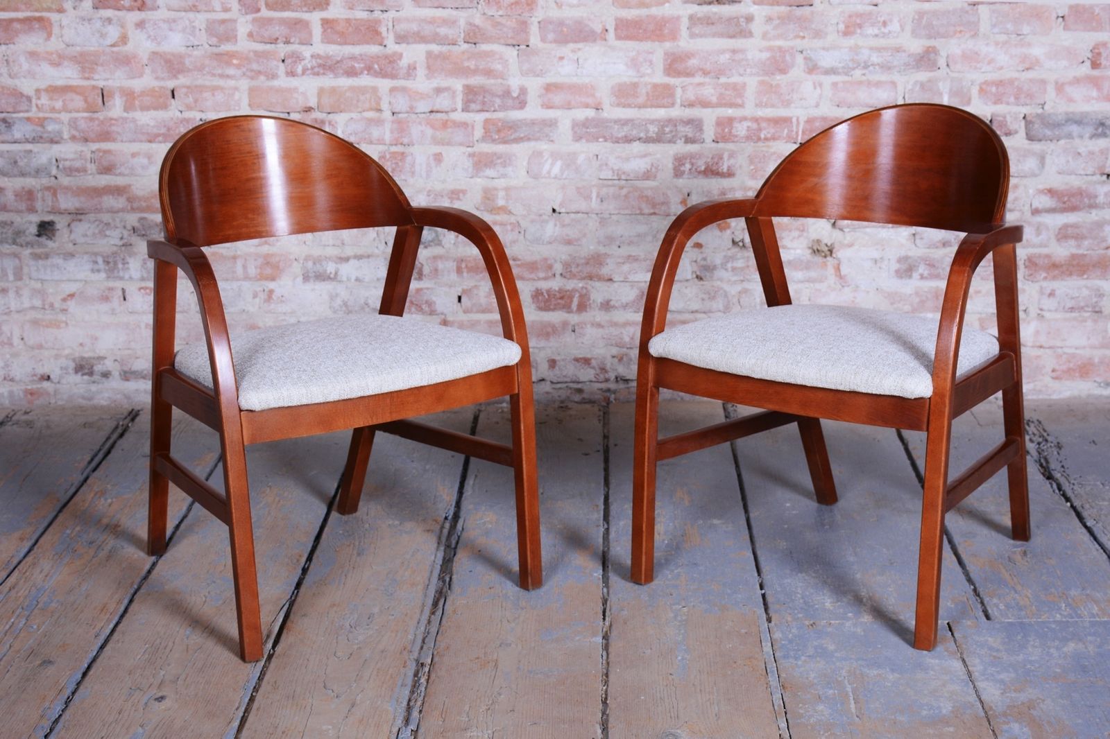Pair Of Restored Mid Century Armchairs, Reupholstered, Cherry Wood, Czech, 1970s photo vinterior