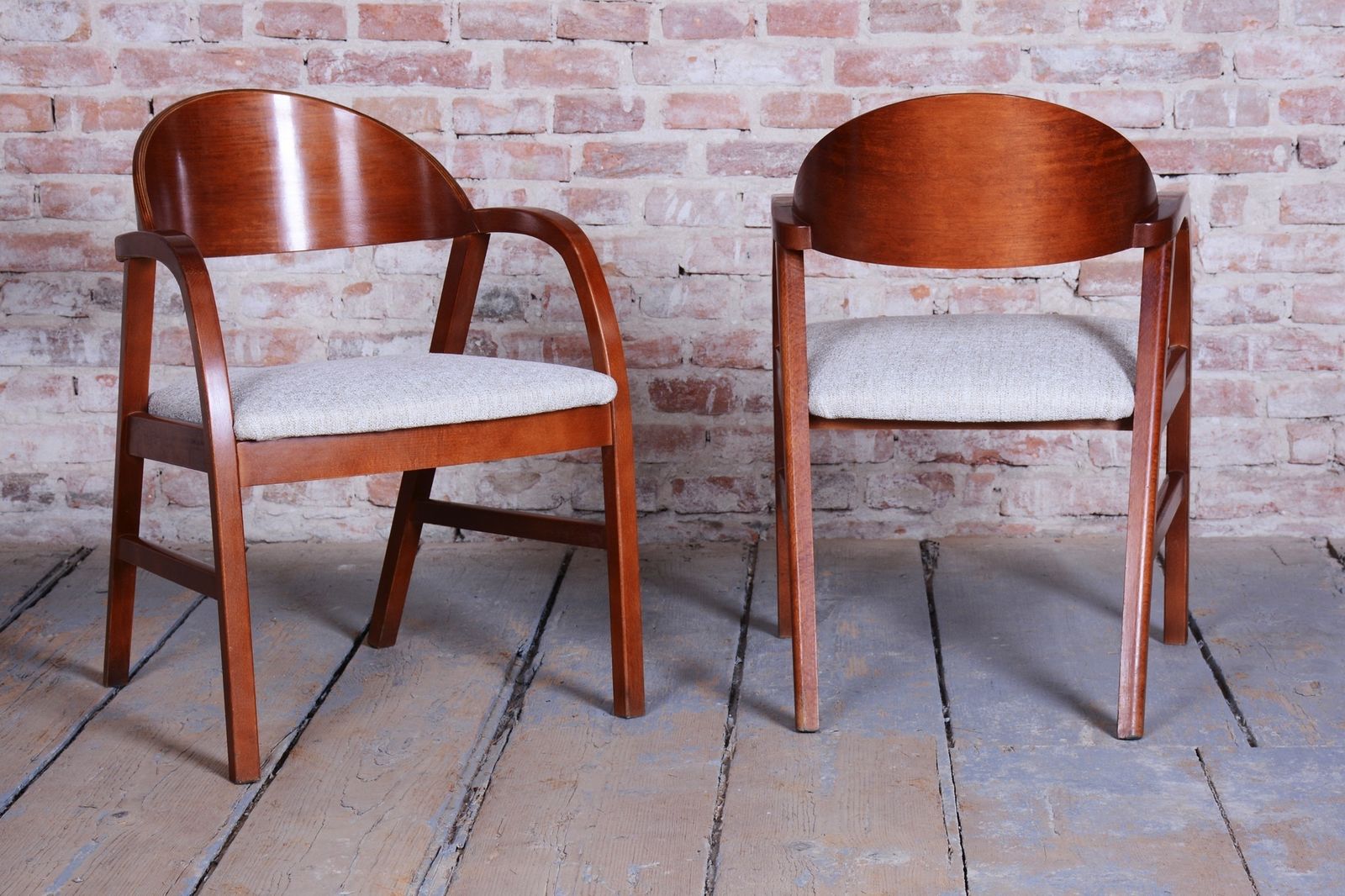 Pair Of Restored Mid Century Armchairs, Reupholstered, Cherry Wood, Czech, 1970s photo buy