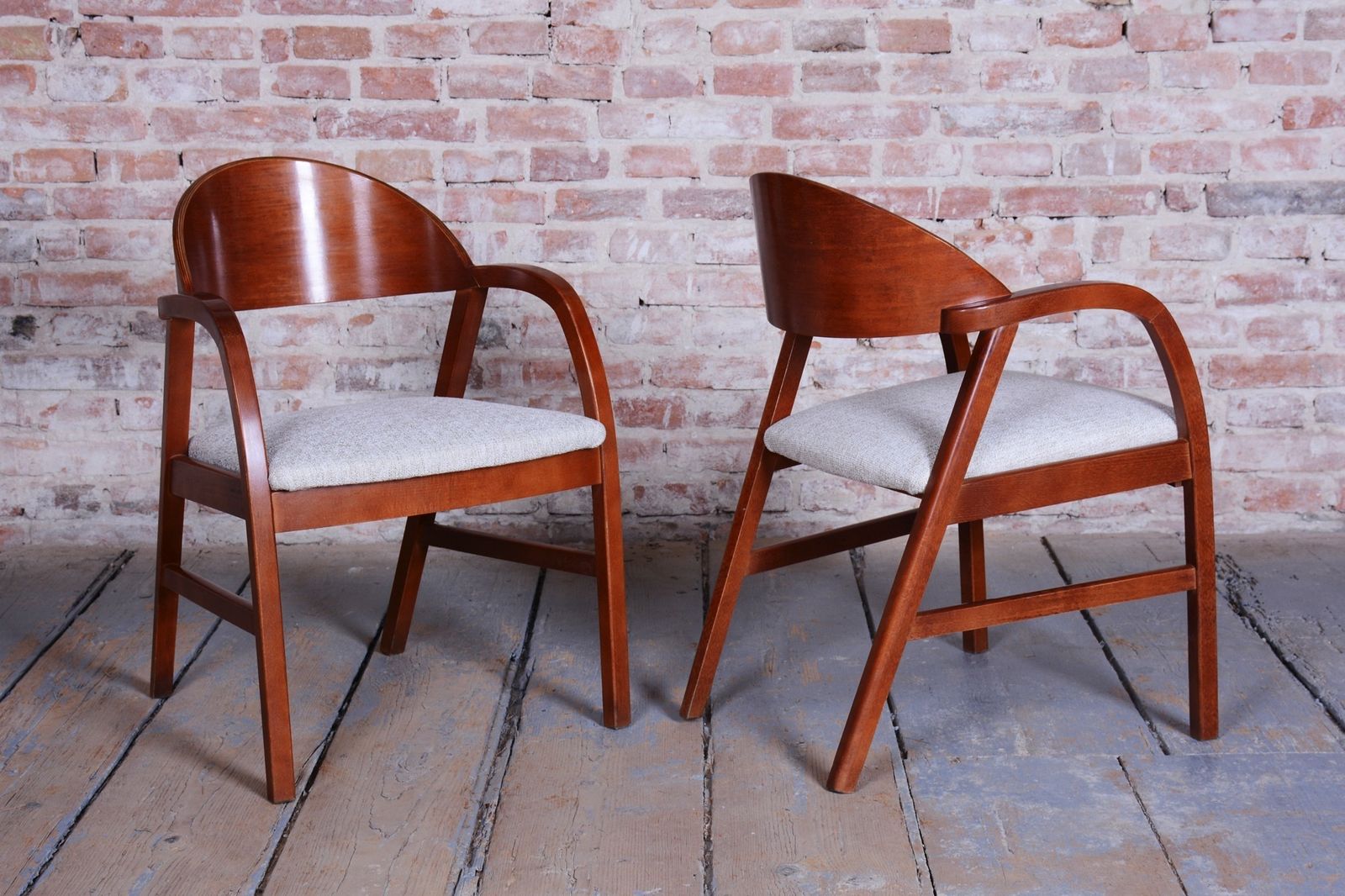 photo furniture Pair Of Restored Mid Century Armchairs, Reupholstered, Cherry Wood, Czech, 1970s
