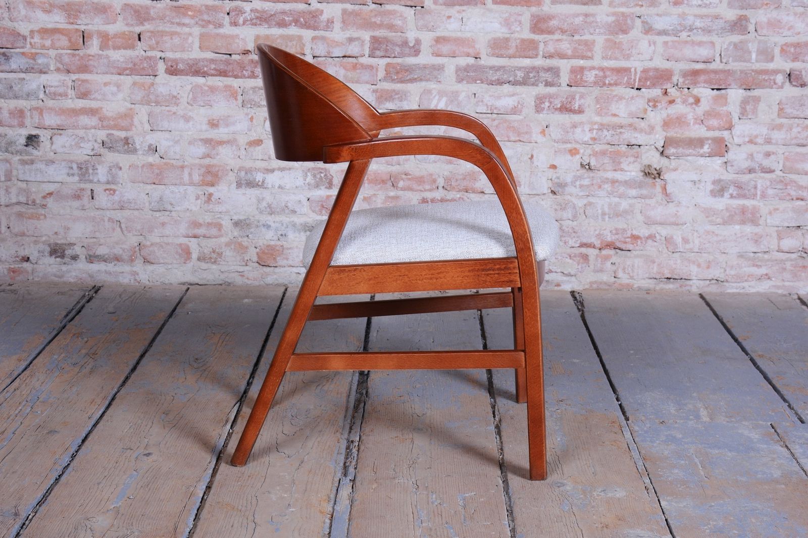 photo for sale Pair Of Restored Mid Century Armchairs, Reupholstered, Cherry Wood, Czech, 1970s