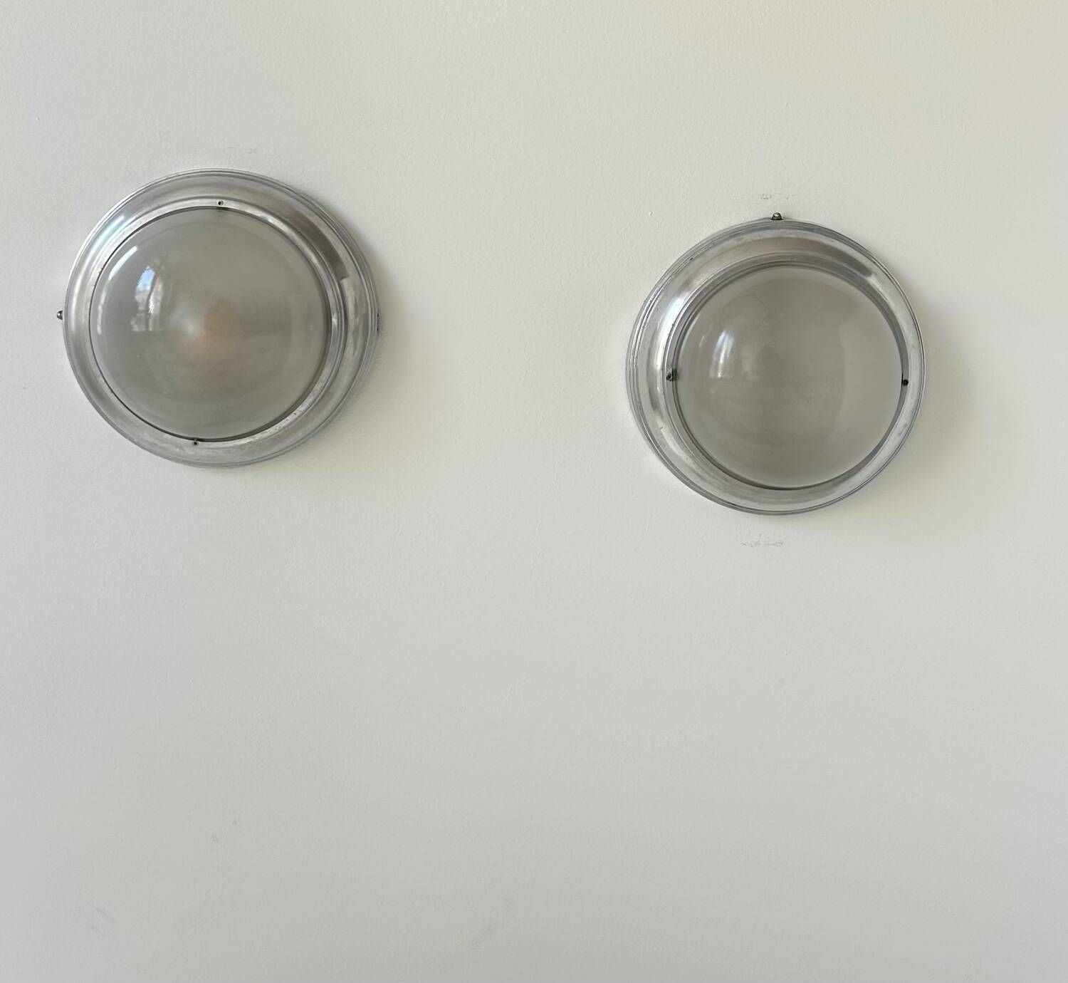 Pair Of Vintage Art Deco Wall Lights, Chrome And Sandblasted Glass, France 1930 photo for sale