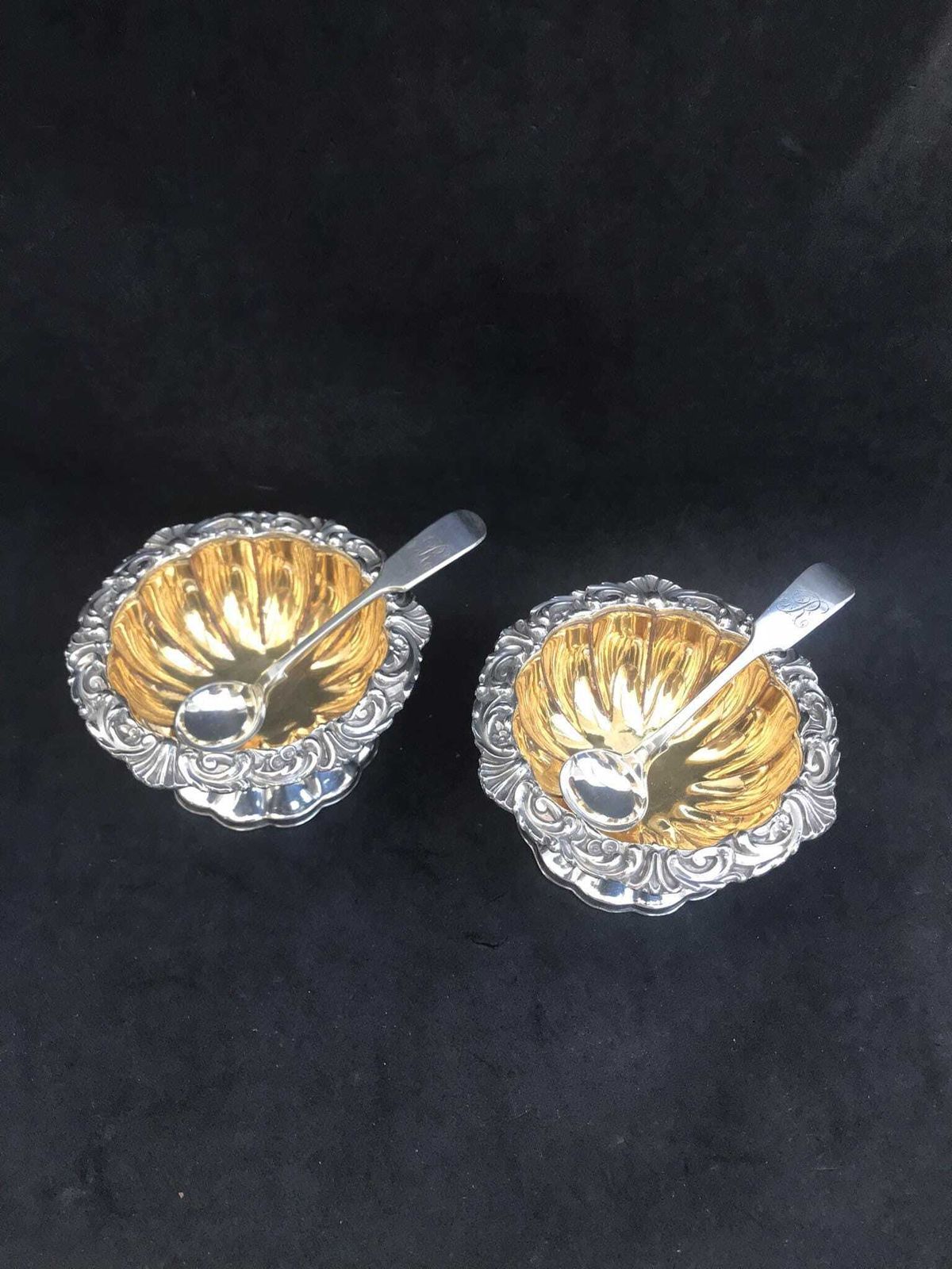 Pair Salt Cellars Georgian Salt Bowls Silver Plated With Gold Wash British Gift Luxury Wedding Gift English Antique 1820 photo for sale