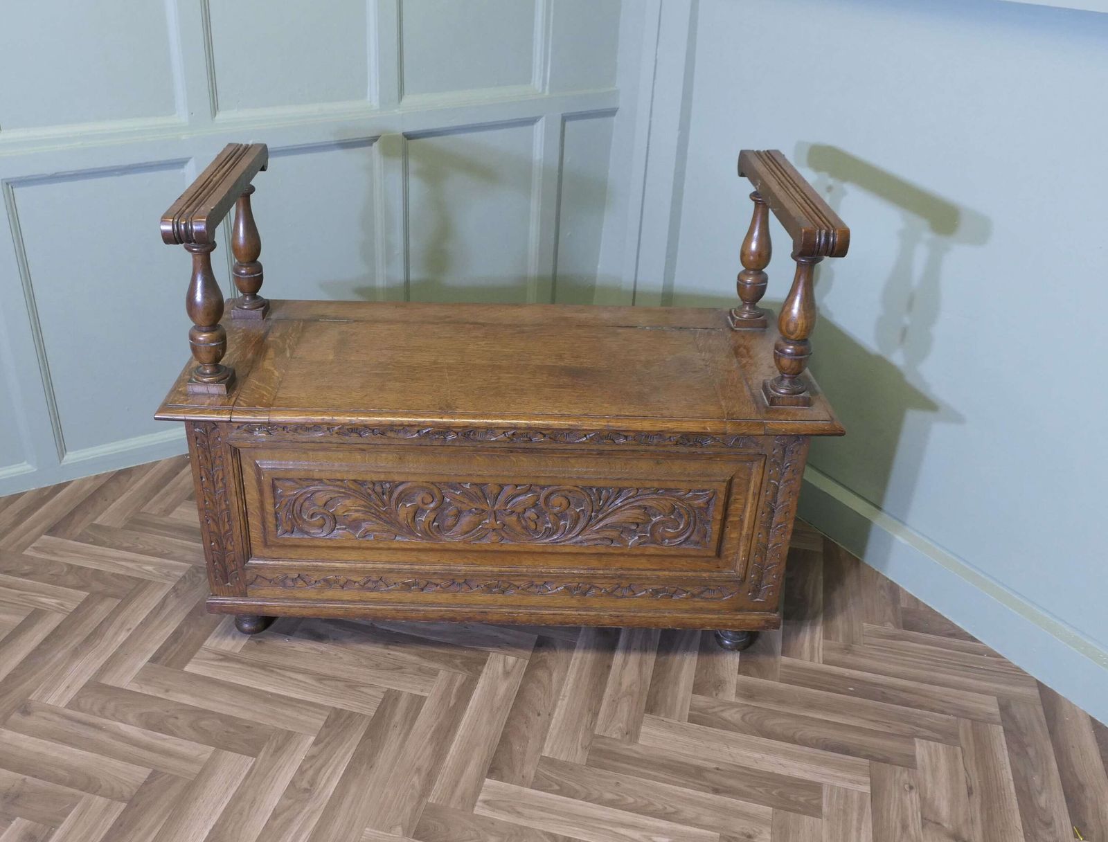 Carved Green Man Golden Oak Coffer, Hall Seat photo for sale