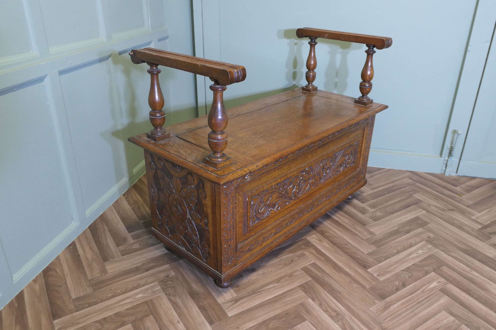 Carved Green Man Golden Oak Coffer, Hall Seat photo Furniture