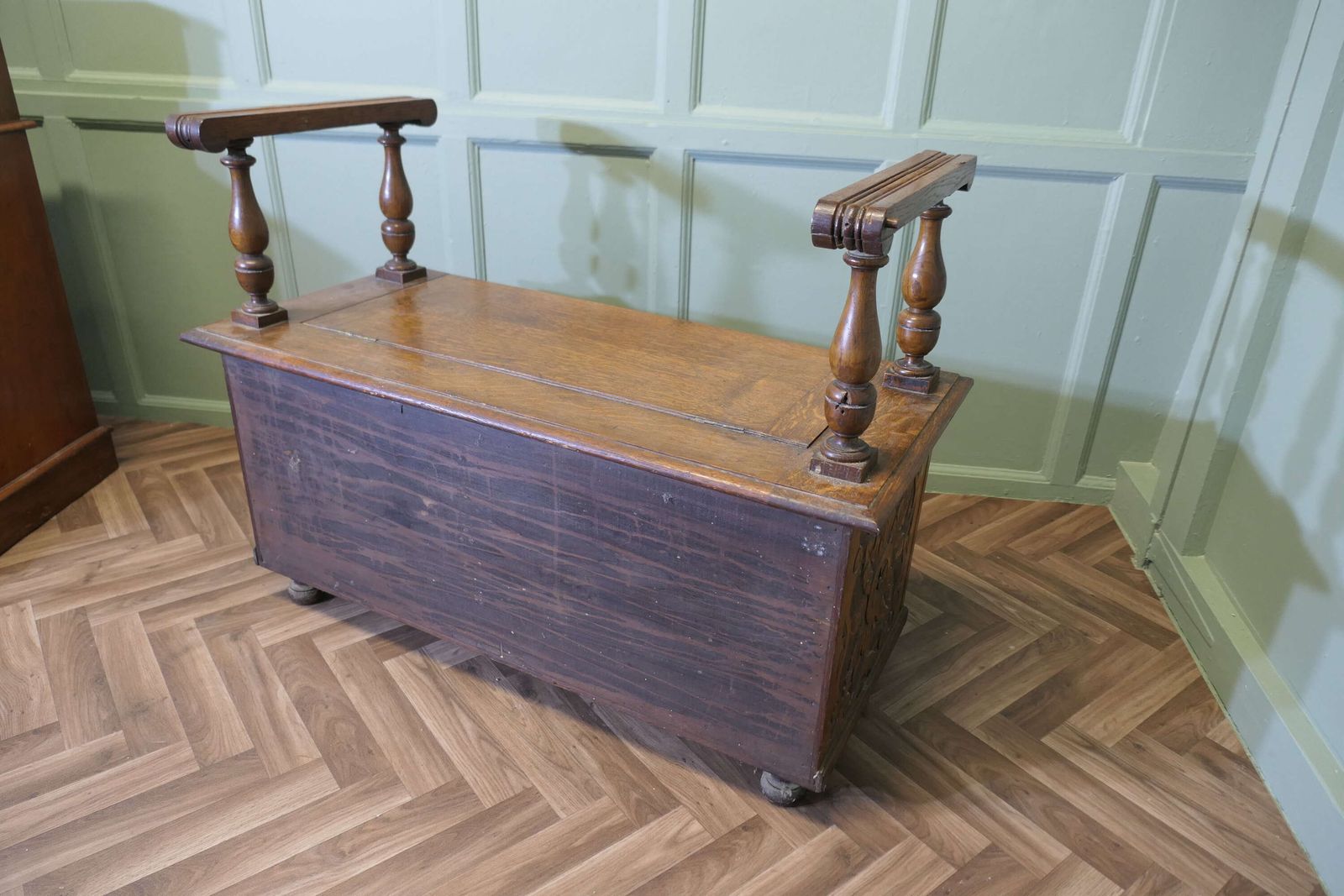 Carved Green Man Golden Oak Coffer, Hall Seat photo buy