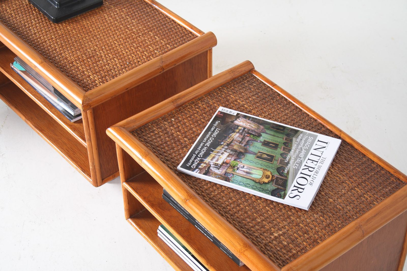 A Pair Of Mid Century Rattan Top Bamboo Night Stand Side Tables photo Furniture