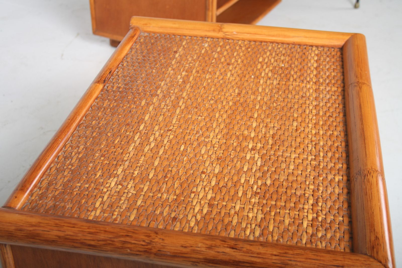 A Pair Of Mid Century Rattan Top Bamboo Night Stand Side Tables photo vintage