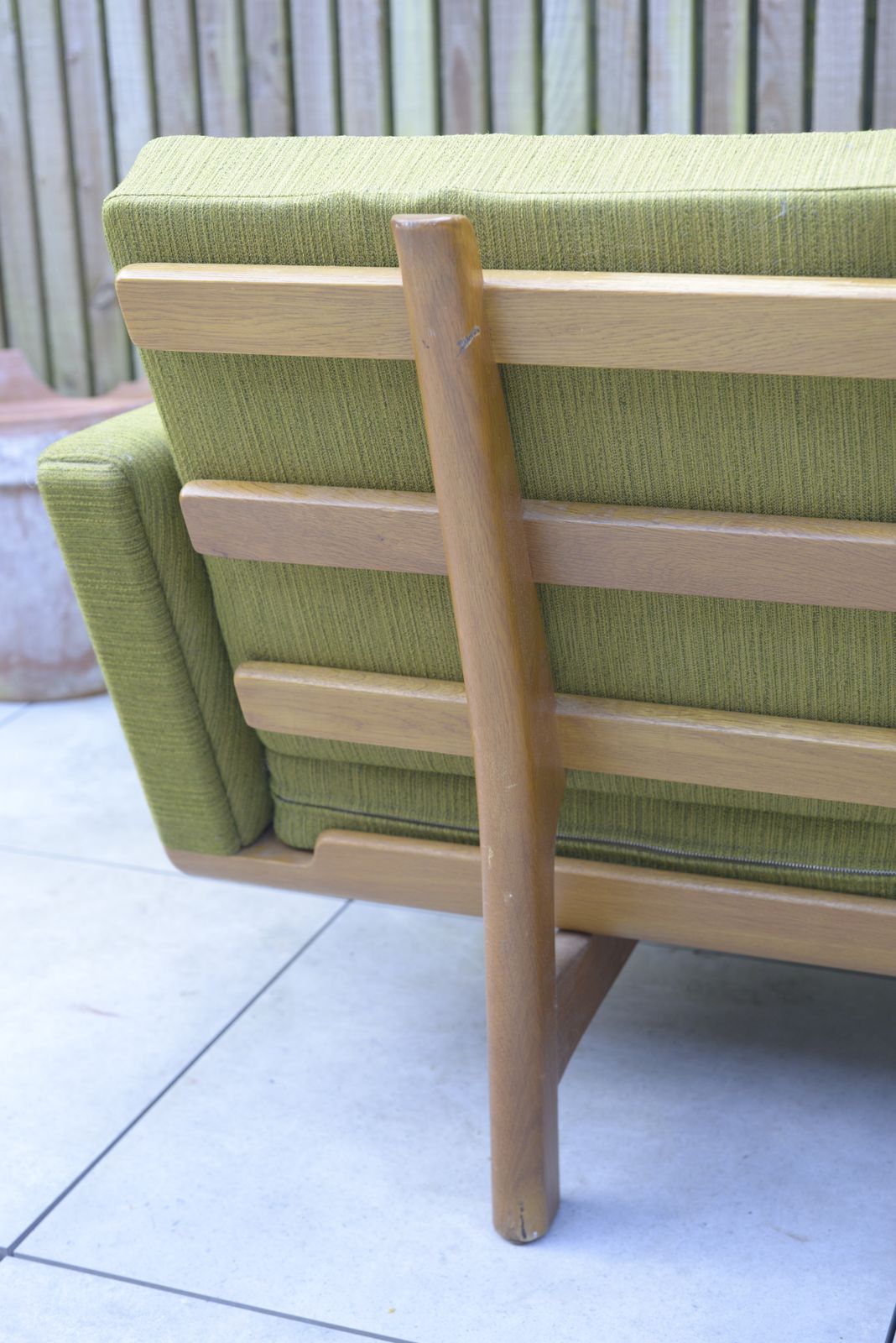 photo buy Hans Wegner, Ge236 Getama Sofa. In Oak And Green Wool Upholstery. Danish, 1950s.