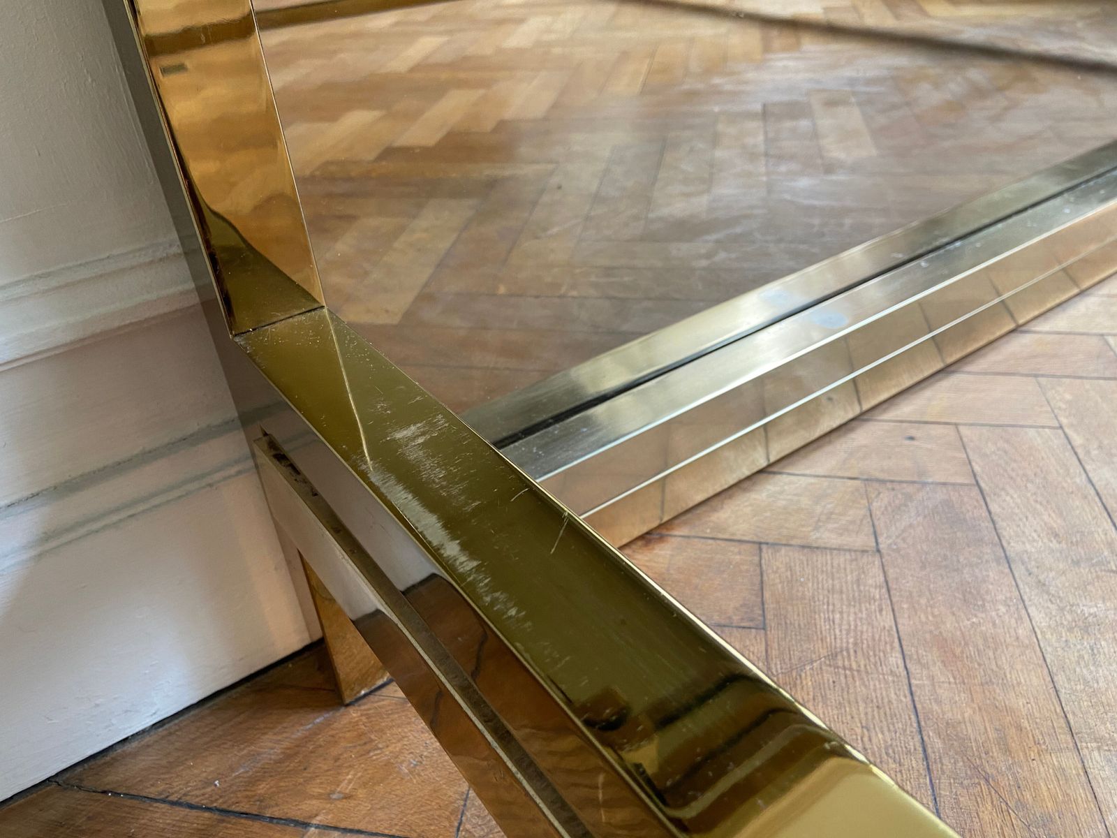 photo for sale Belgo Chrom Bed In Gold Metal And Bronze Mirrored Headboard, 1970