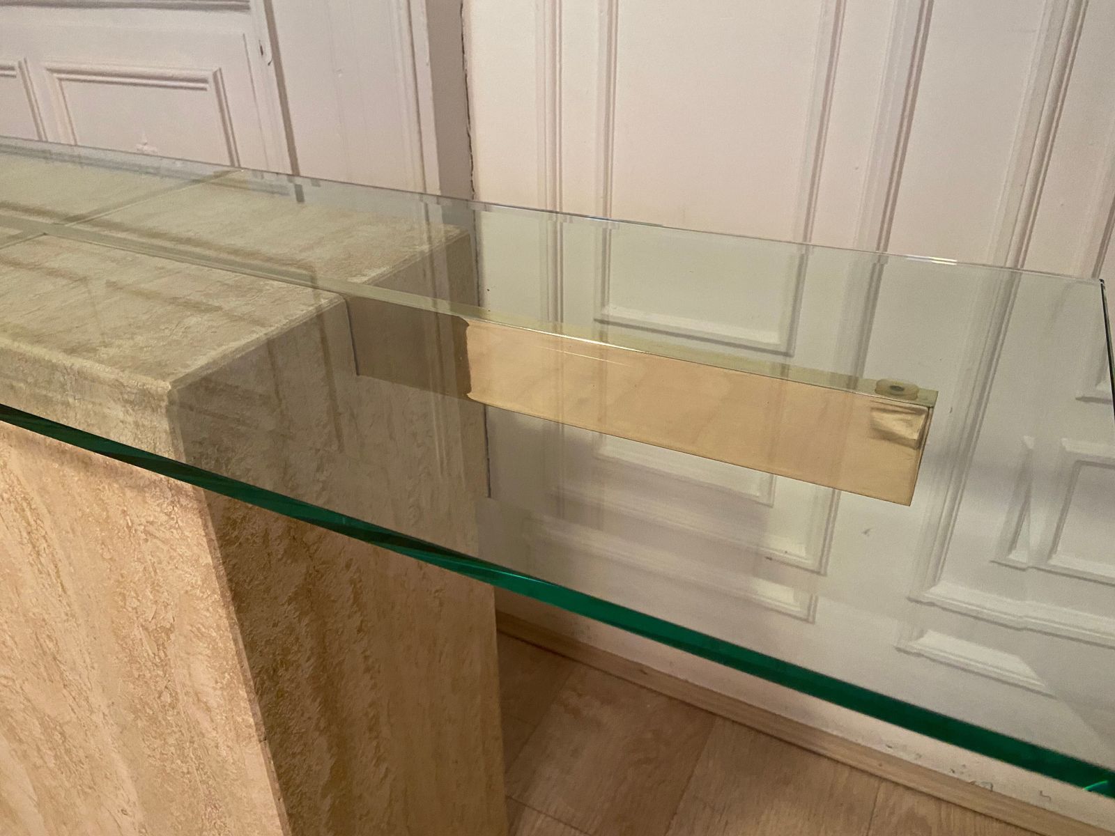 Travertine Console And Gold Metal Cross, Italy, 1970s photo furniture