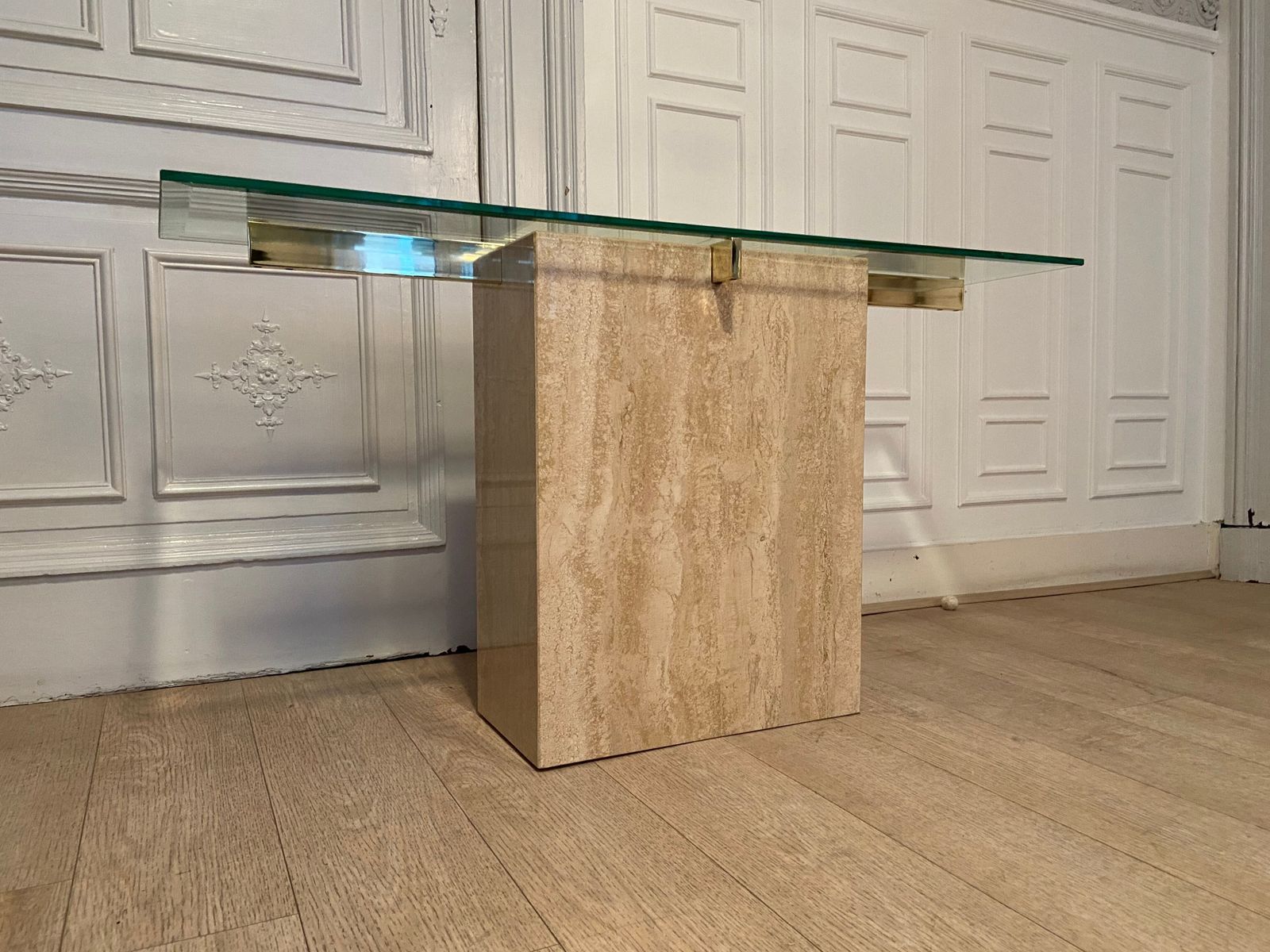 Travertine Console And Gold Metal Cross, Italy, 1970s photo 1365.0