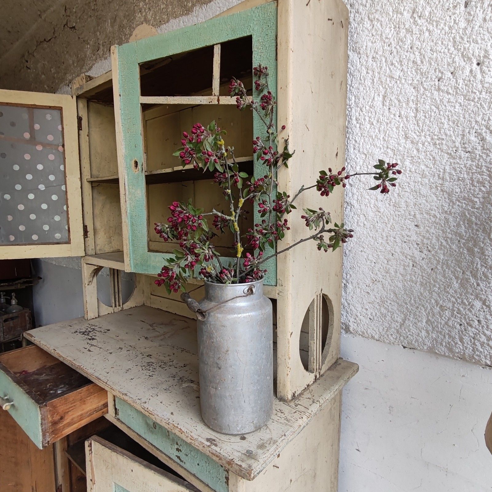 Unique 1890s Hungarian Rustic Dresser Handcrafted, Cream & Green Patina Cupboard photo vintage