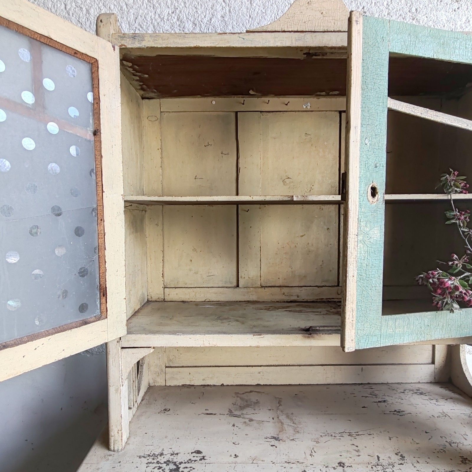 photo furniture Unique 1890s Hungarian Rustic Dresser Handcrafted, Cream & Green Patina Cupboard