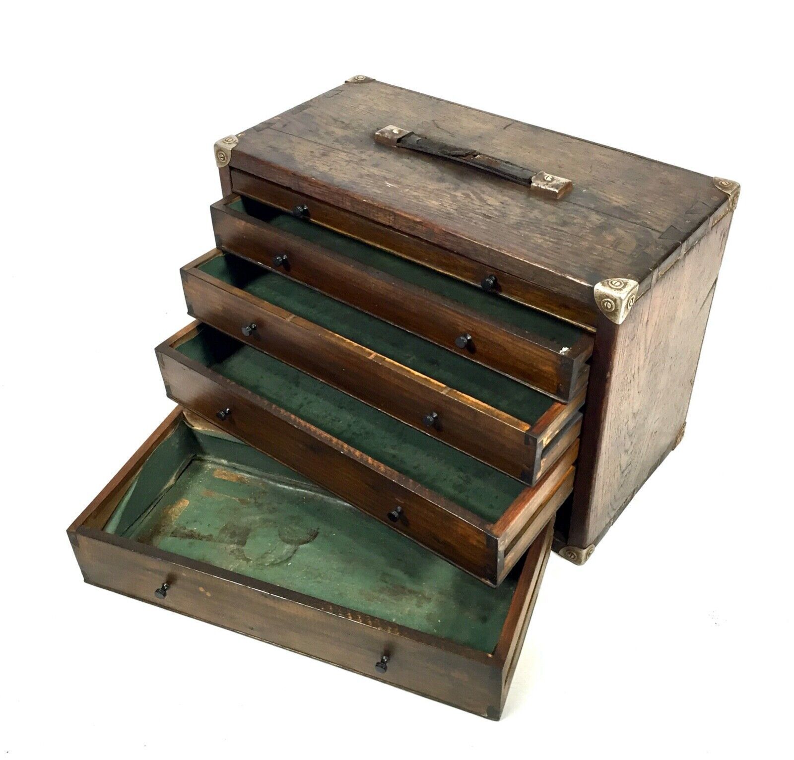 Antique Wooden Oak Engineers Toolbox / Tool Box / Collectors Cabinet With Key