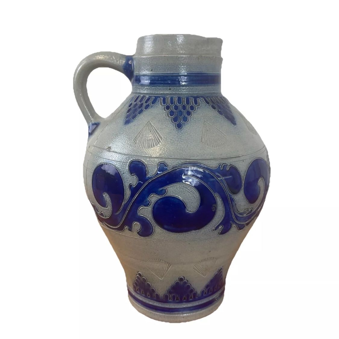 Antique German Salt Glazed Jug 1 1/2 Pitcher Cobalt Blue 19th Century Stoneware
