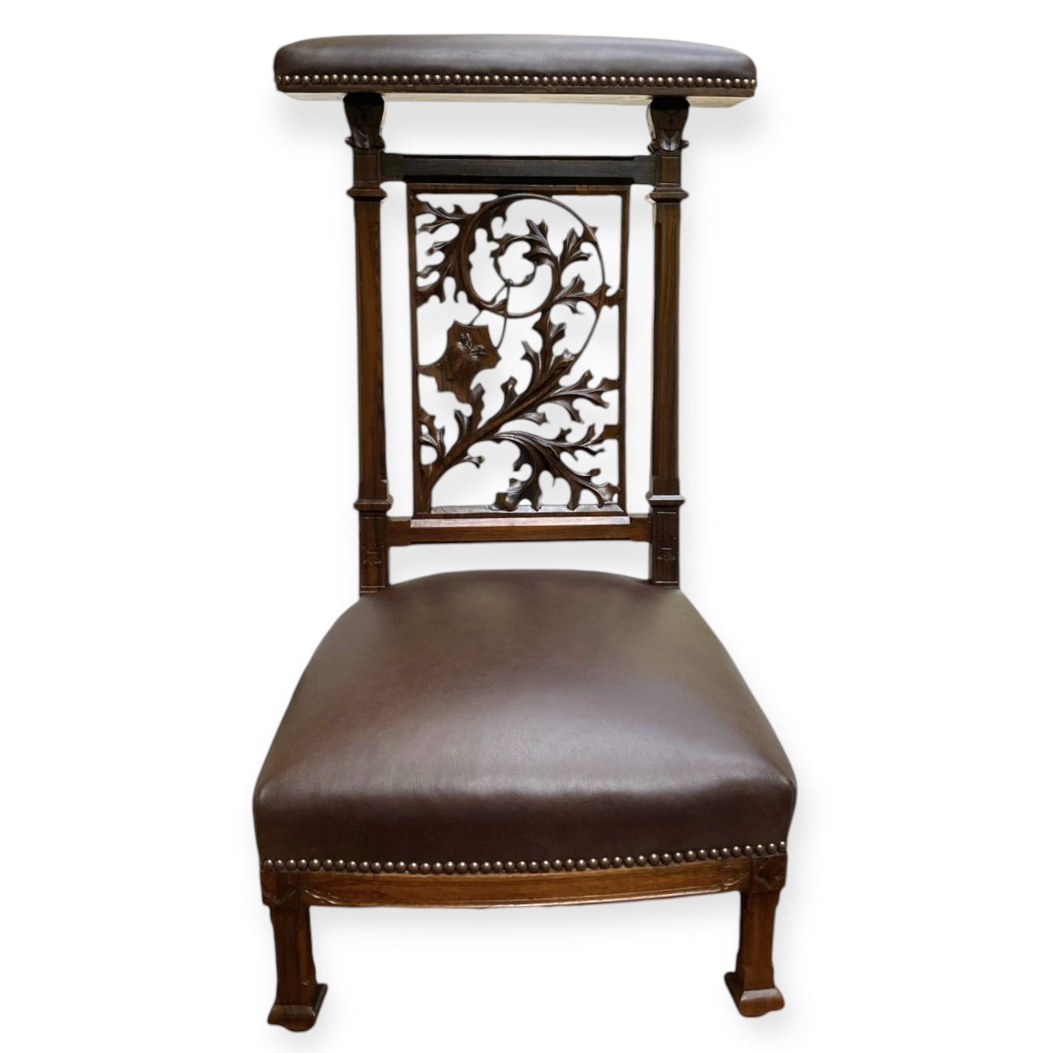 Large Antique French Prayer Chair/ Prie Dieu In  Rosewood With Dark Chocolate Leather Upholstery And Bronze Tacks Fully Restored photo vinterior