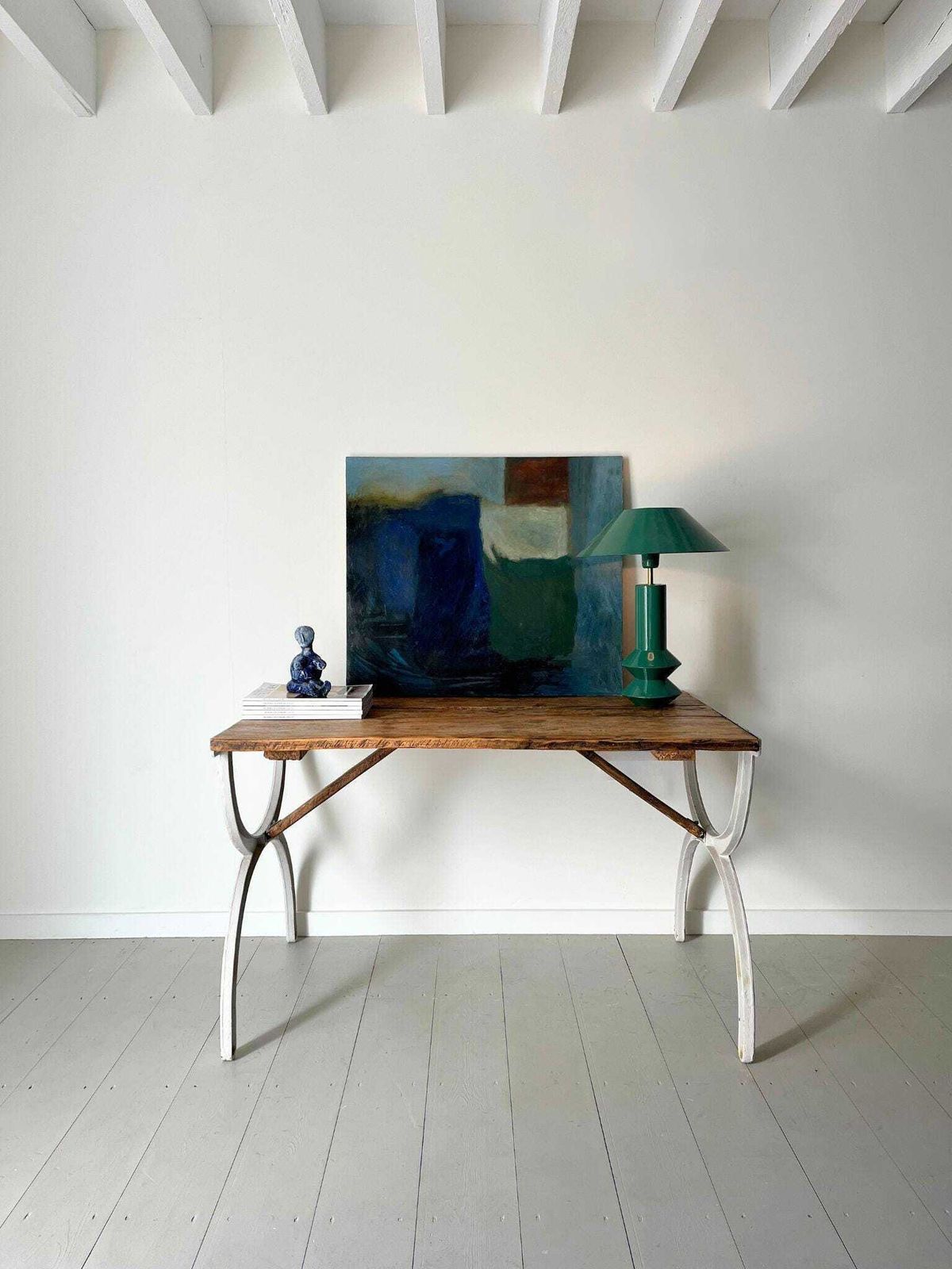 Large Abstract Oil Painting In Blue And Green, 20th Century Vintage Artwork