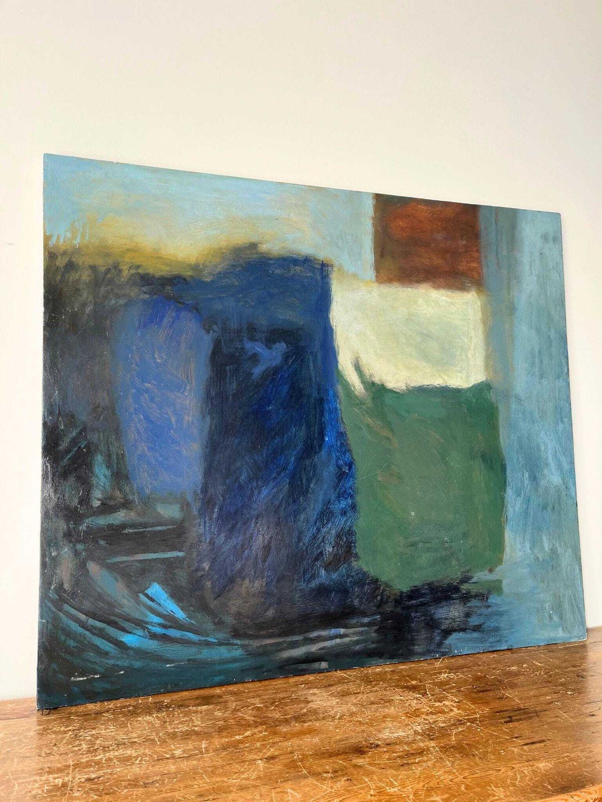 Large Abstract Oil Painting In Blue And Green, 20th Century Vintage Artwork photo vintage