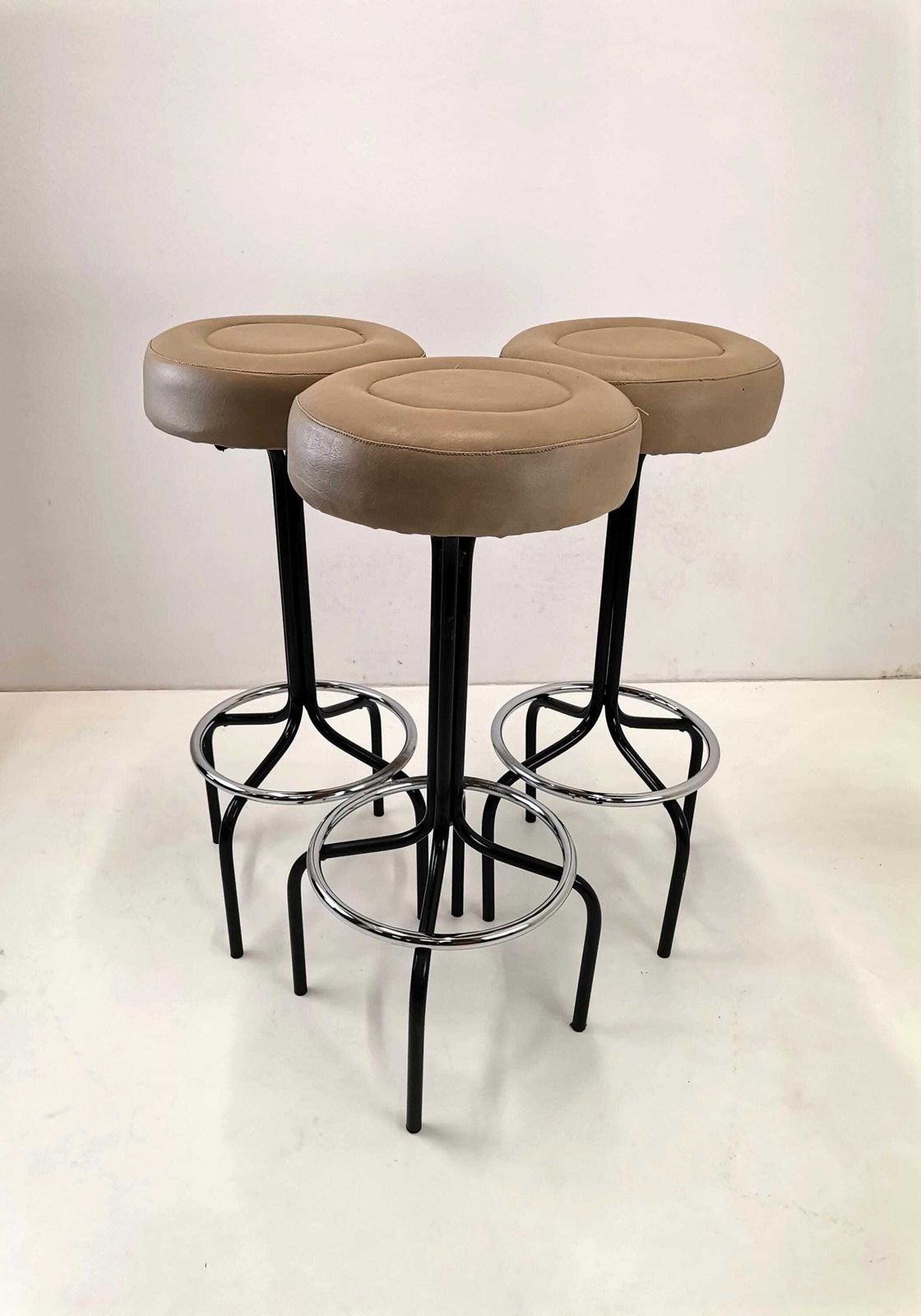 Set Of 3 Mid Century Modern Bar Stools / Mid Century Leather And Metal Bar Stool Set / 80s Yugoslavia