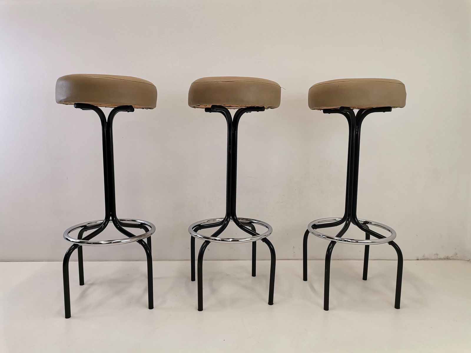 Set Of 3 Mid Century Modern Bar Stools / Mid Century Leather And Metal Bar Stool Set / 80s Yugoslavia photo furniture