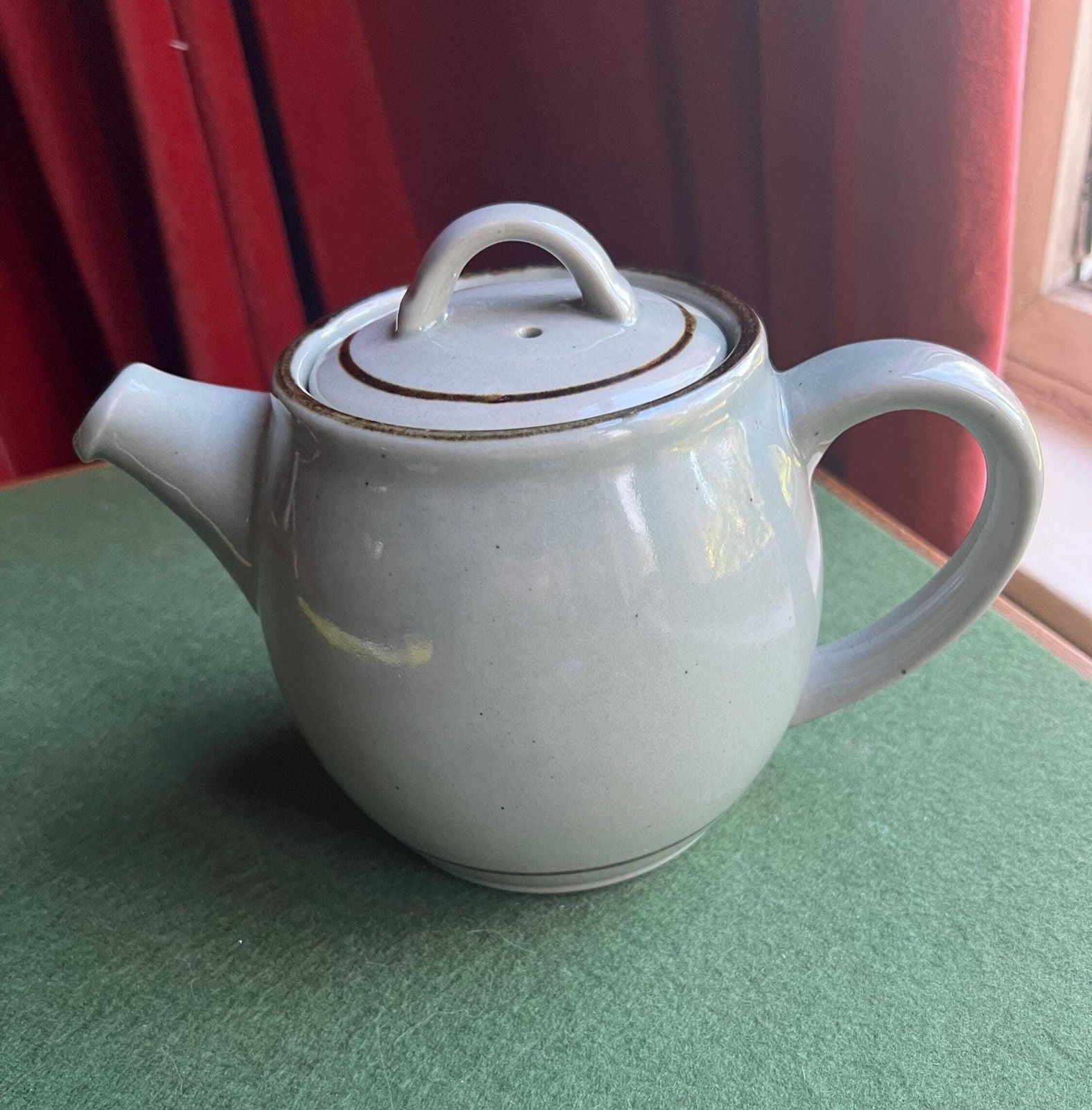 Vintage Stoneware Tea Pot. Pot Bellied Celadon Glazed Coffee Pot. Speckled Duck Egg Blue. Stamped Highland Stoneware Scotland. photo furniture