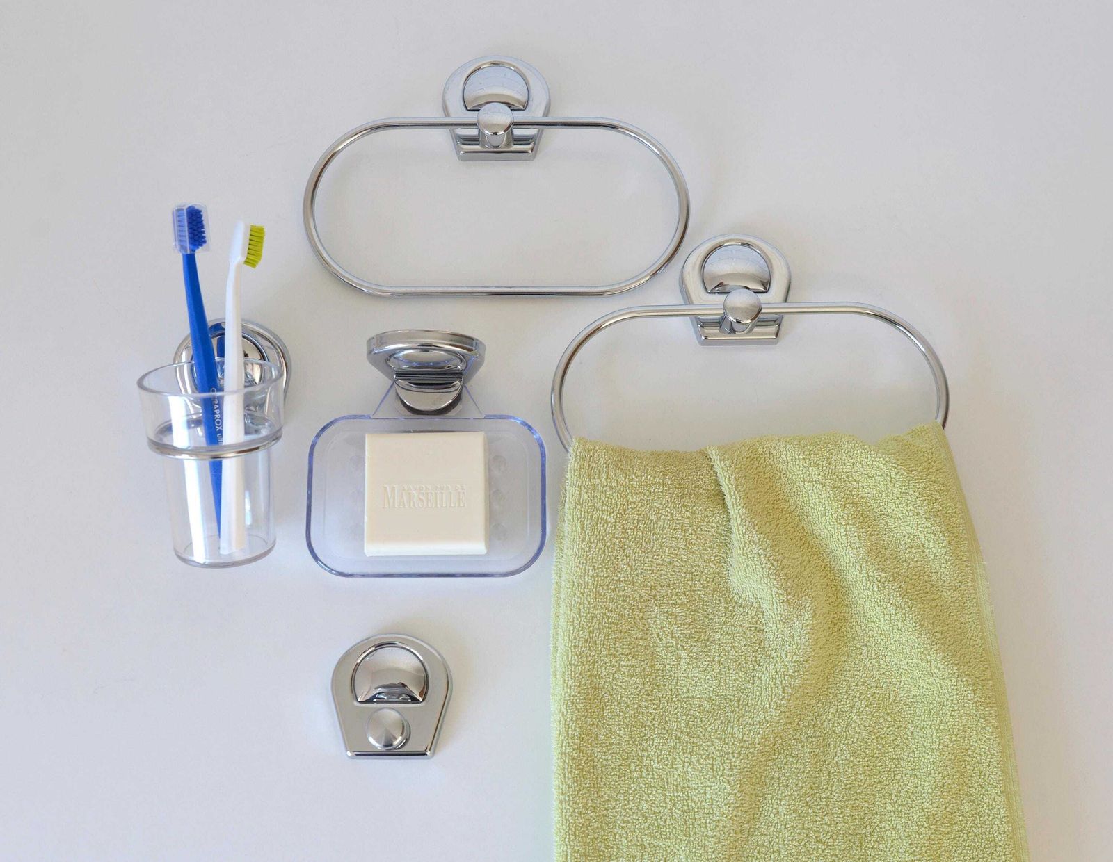 Vintage Bathroom Chrome Wall Mount Set / Retro Bathroom Accessories / Nos 1990's / Towel Rack / Soap Dish / Coat Hook / Toothbrush Holder