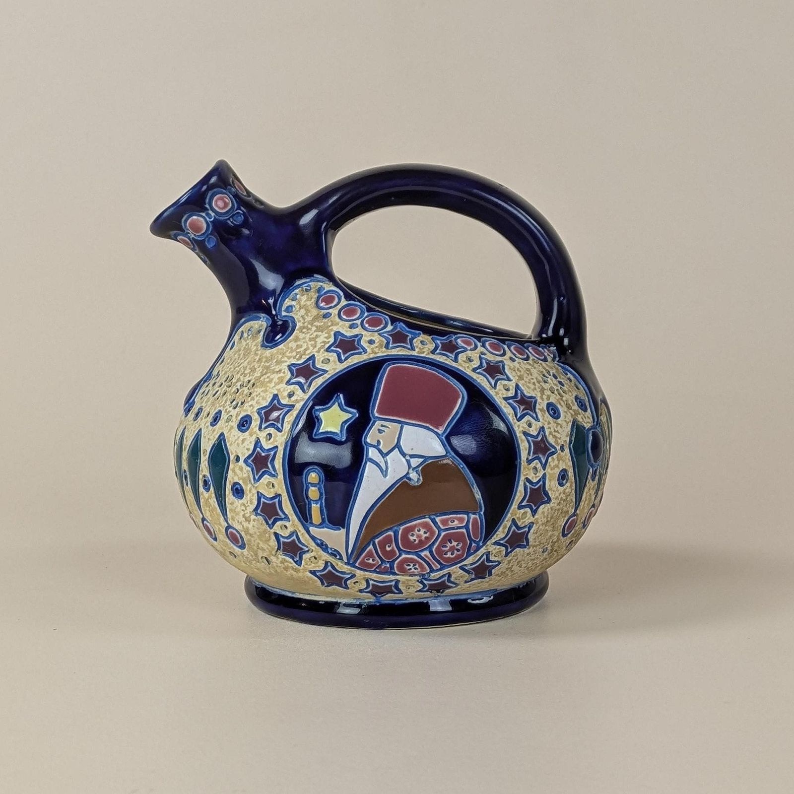 Antique Czech Art Deco Amphora Pottery Pitcher Jug Saint Nicholas Father Christmas Decoration, 1920s Century Collectible Ceramic Vessel photo vintage
