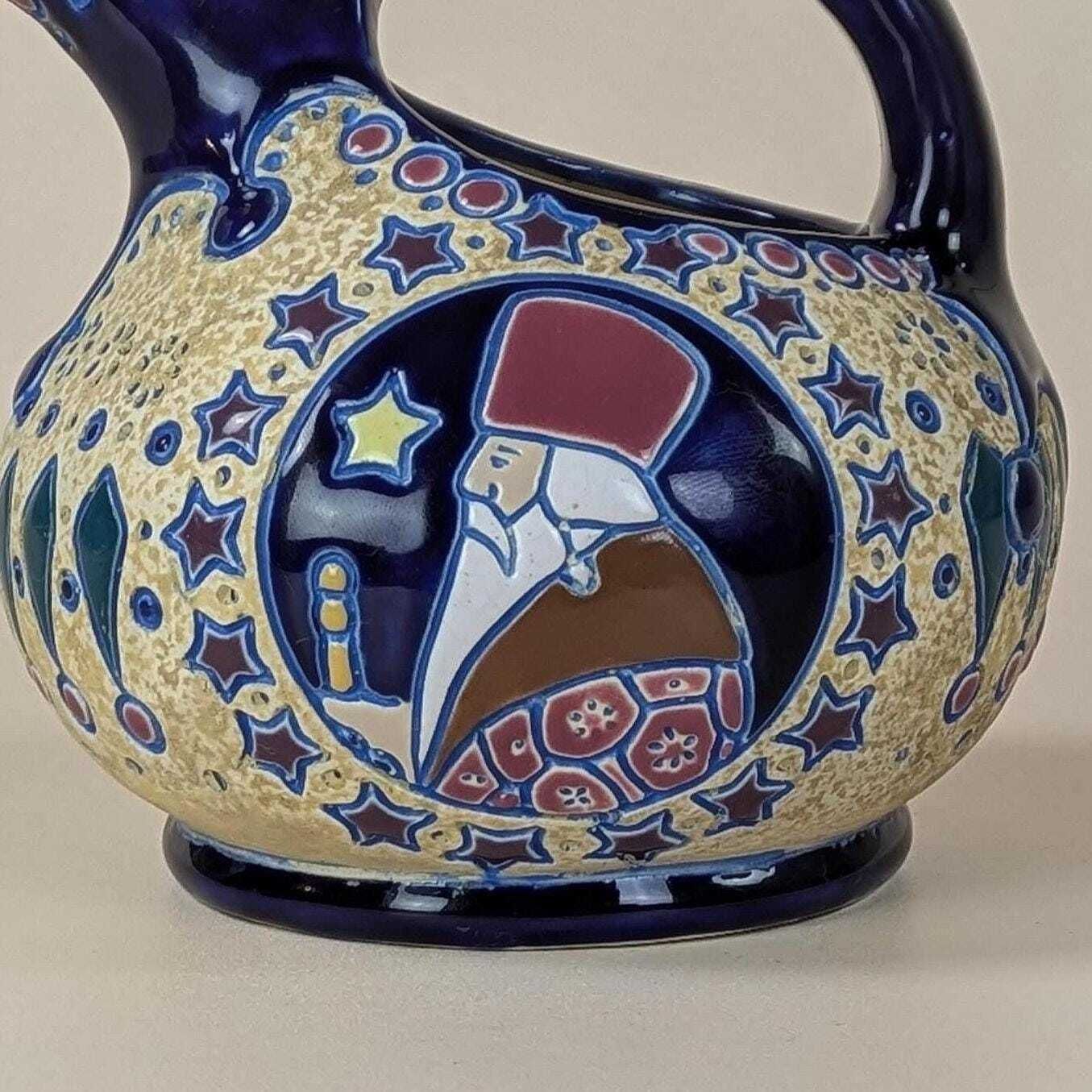 photo for sale Antique Czech Art Deco Amphora Pottery Pitcher Jug Saint Nicholas Father Christmas Decoration, 1920s Century Collectible Ceramic Vessel