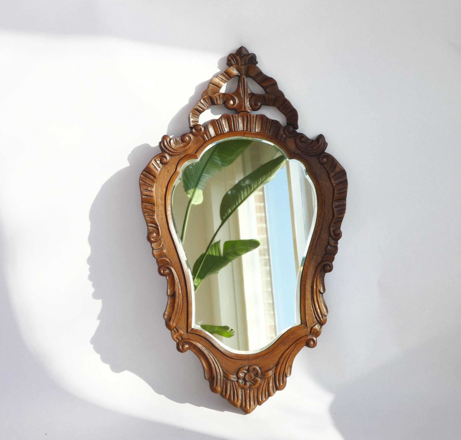Antique Baroque Wooden Mirror, Wooden Scalloped Beveled Wall Mirror With Floral Carving, Farmhouse Wall Decor