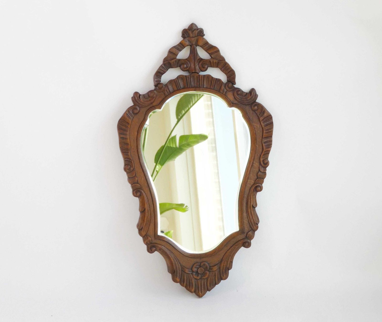 Antique Baroque Wooden Mirror, Wooden Scalloped Beveled Wall Mirror With Floral Carving, Farmhouse Wall Decor photo furniture