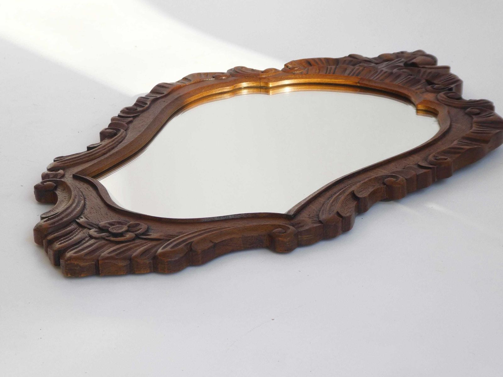 Antique Baroque Wooden Mirror, Wooden Scalloped Beveled Wall Mirror With Floral Carving, Farmhouse Wall Decor photo vinterior