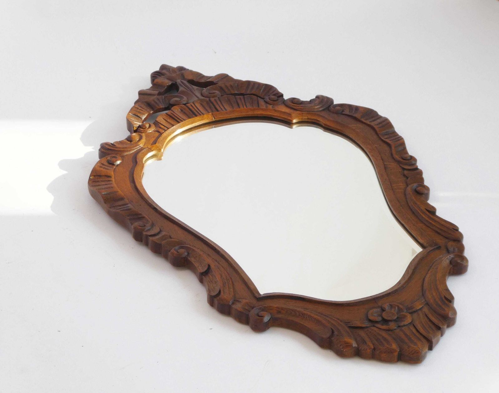 Antique Baroque Wooden Mirror, Wooden Scalloped Beveled Wall Mirror With Floral Carving, Farmhouse Wall Decor photo buy