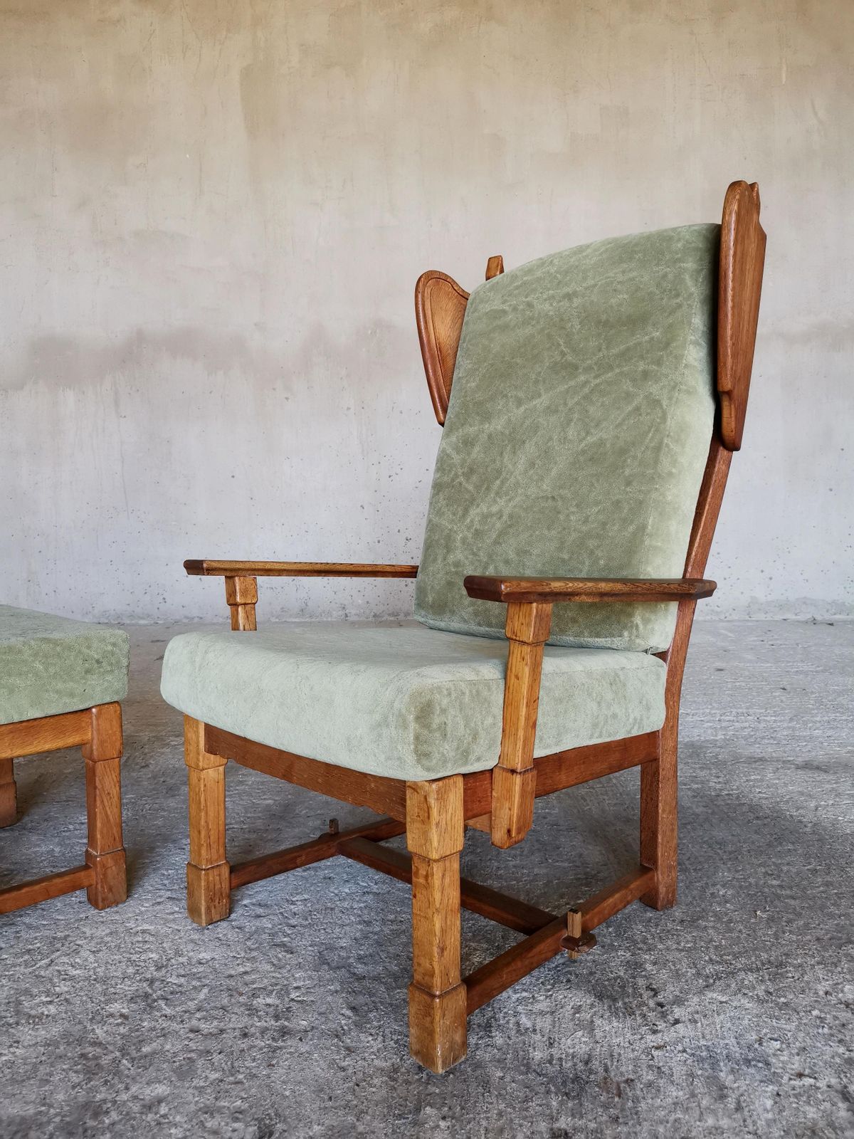 Furniture Guillerme Et Chambron Wingback Chair  & Stool, Solid Oak & Velvet, France 1960s photo
