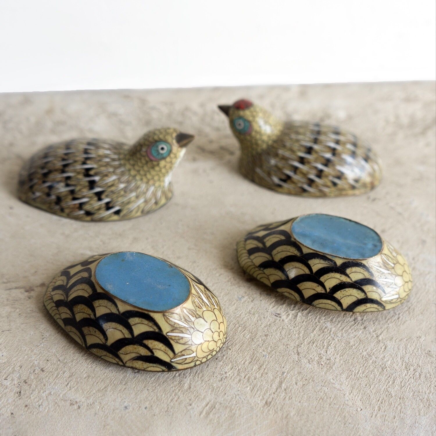 Home Decor Pair Of Antique Chinese Cloisonne Quail Boxes, Qing Dynasty, Late 19th Century photo