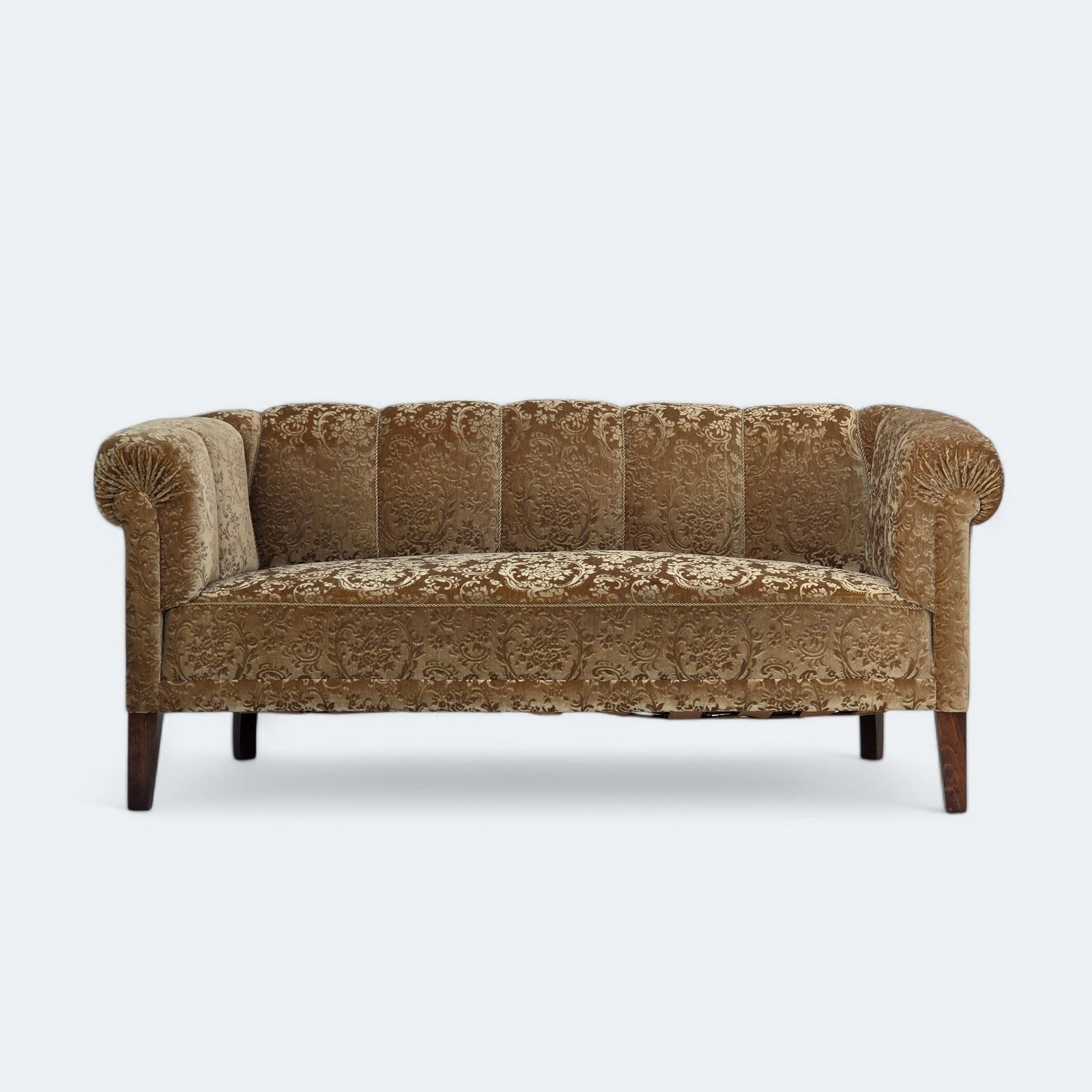 Ca. Jaren 1960, 3 Zitsbank Deens Design, Groen Meubelvelours, Essenhout Poten.