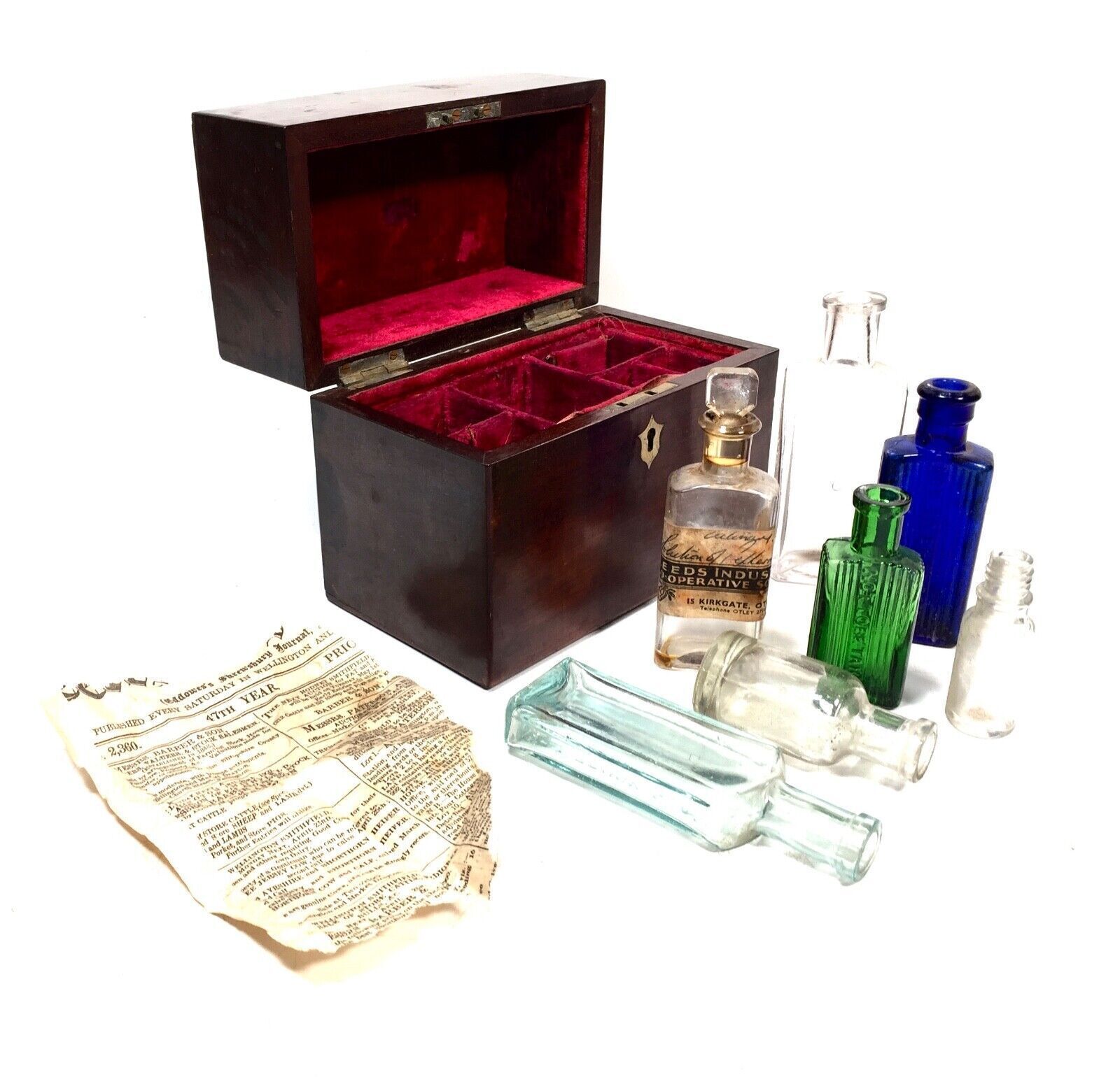 Antique Mahogany Apothecary Box / Cabinet With Glass Medicine Bottles C.1880
