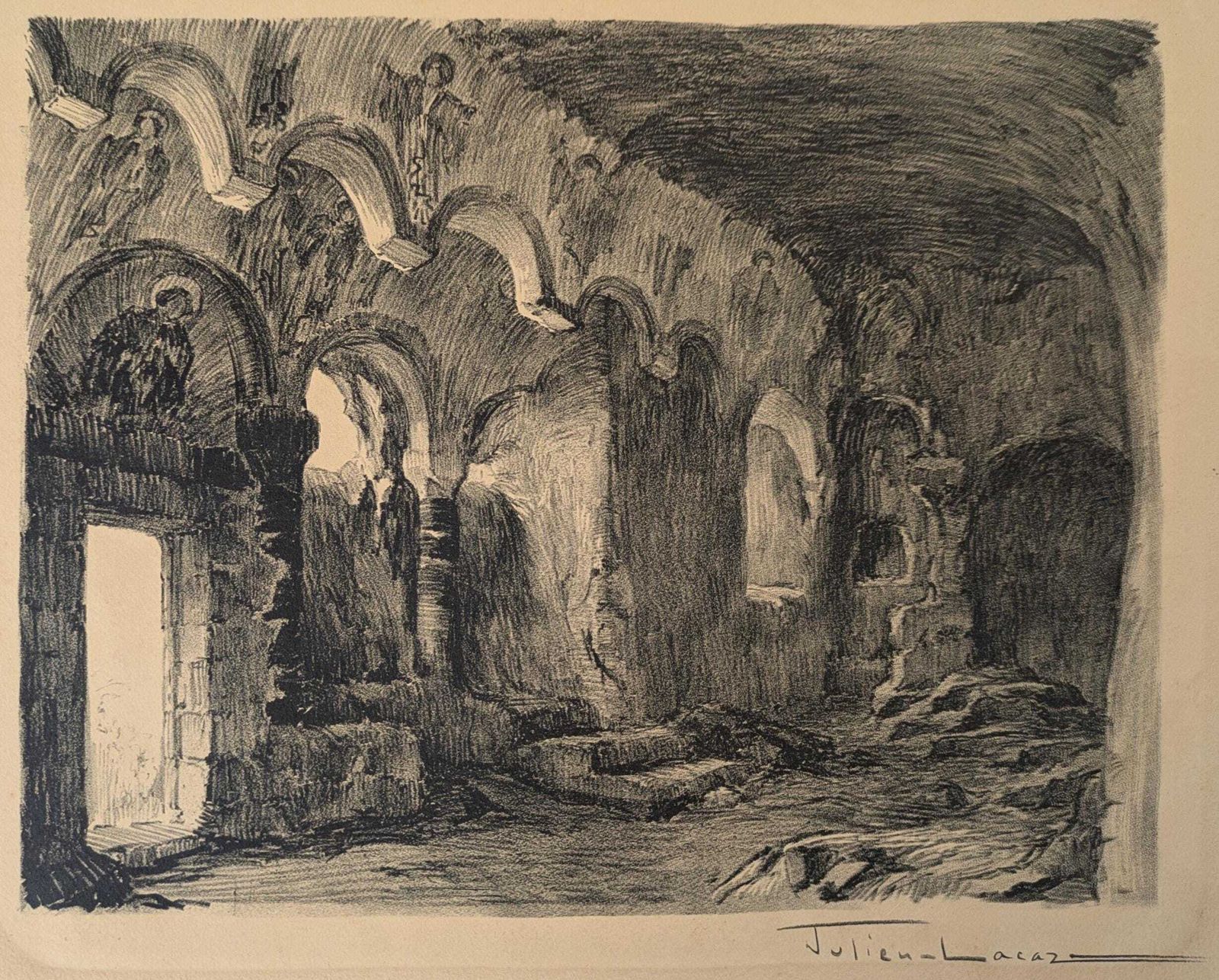 photo for sale Antique Julien Lacaze Engraving Of The Christian Chapel In The Jonas Caves France, Signed French Art Print