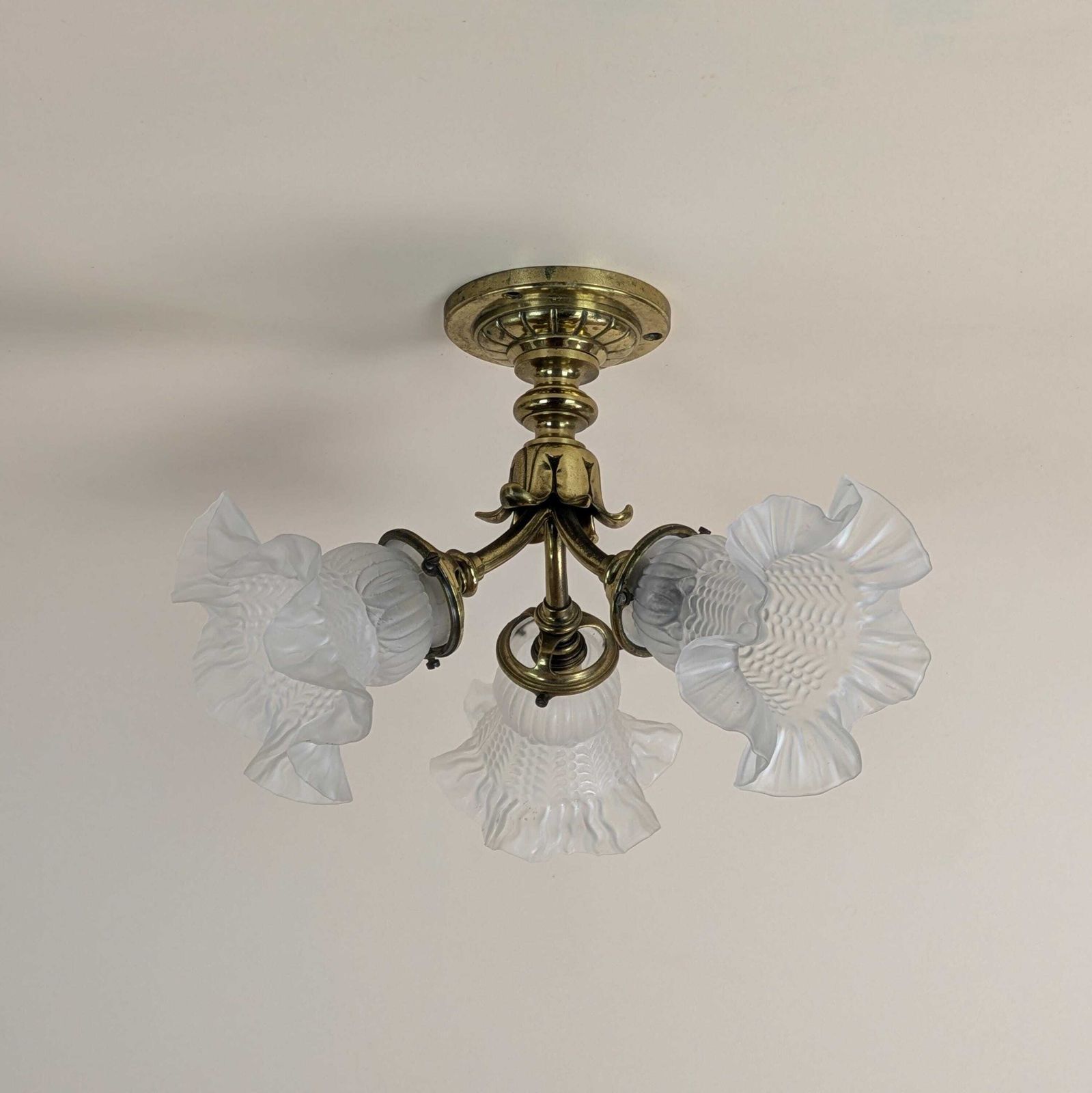 Antique French Gilt Bronze Mount 3 Light Glass Ceiling Light By Berlie & Co Lyon, Art Nouveau Lamp, Original Lighting From France photo vintage