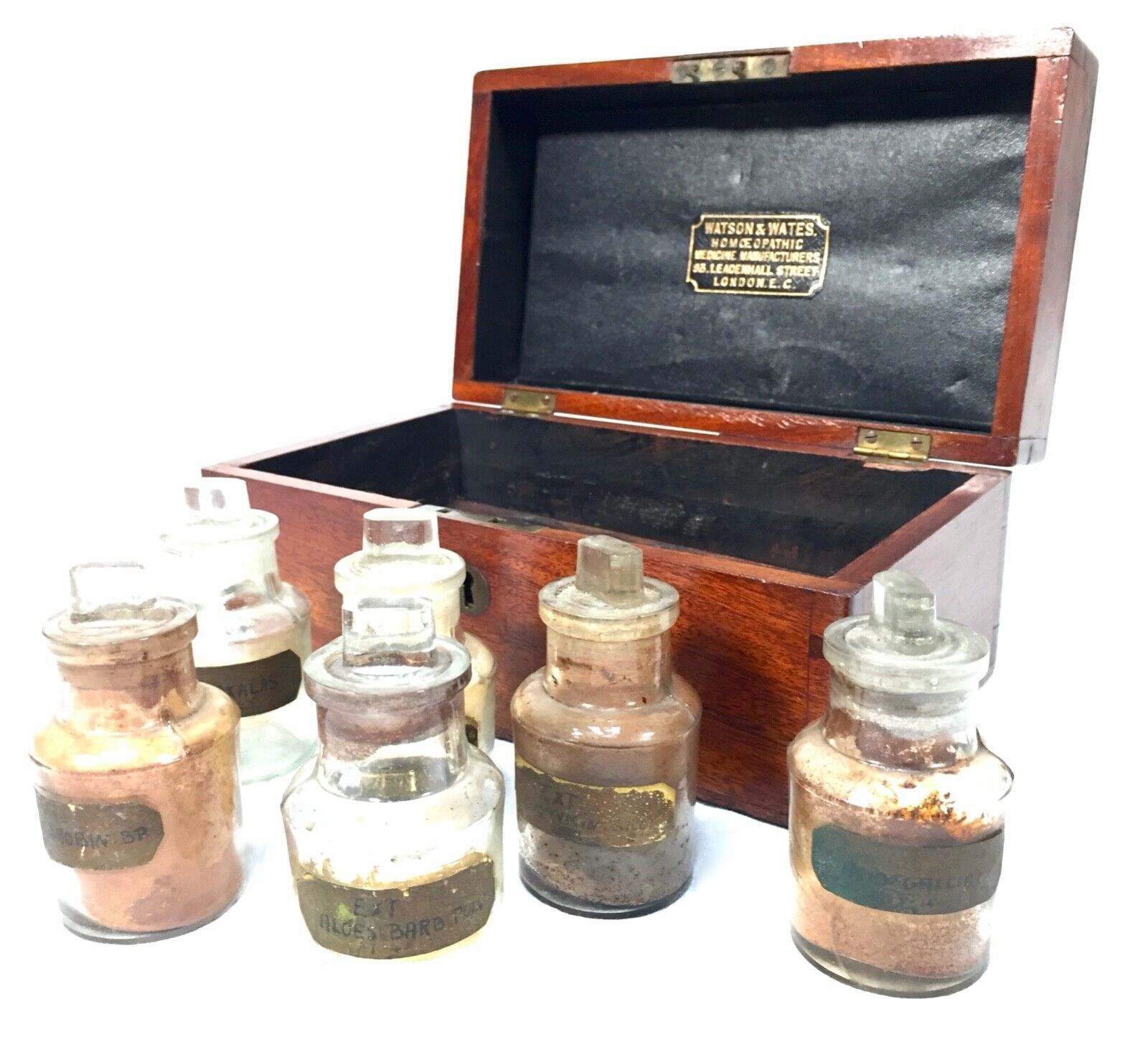 Antique Mahogany Apothecary Box / Cabinet With Glass Bottles By Watson & Wates
