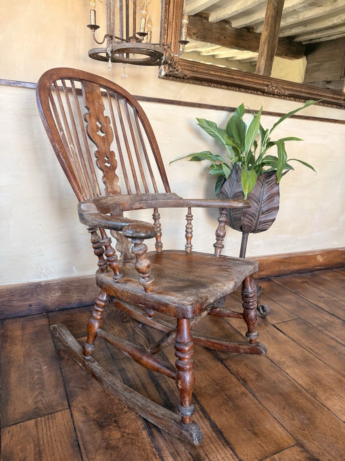 English Original Antique Rustic Farmhouse Rocking Bobbin Armchair Windsor Chair photo for sale